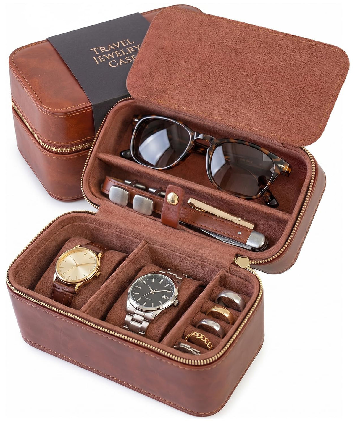 DIGICASE Watch and Jewelry Travel Case for Men & Women, Luxury PU Leather Organizer for 2 Watches, Rings, Earrings & Sun