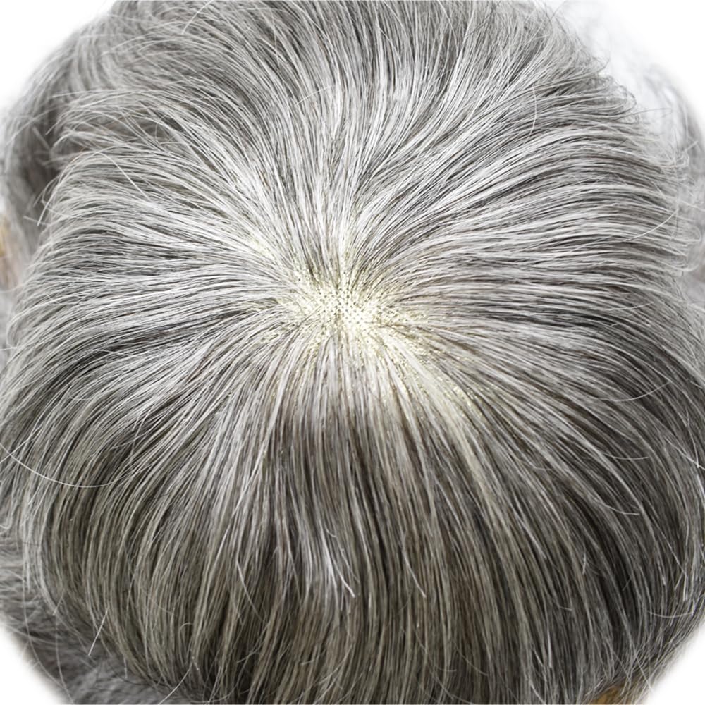 Curve Hair Mens Toupee Human Hair Piece Replacement System Monofilament Wig Hair Unit for Men Durable Poly Coated Mens Hairpiece (#1B90 Off Black+90% Gray, 6"X8")