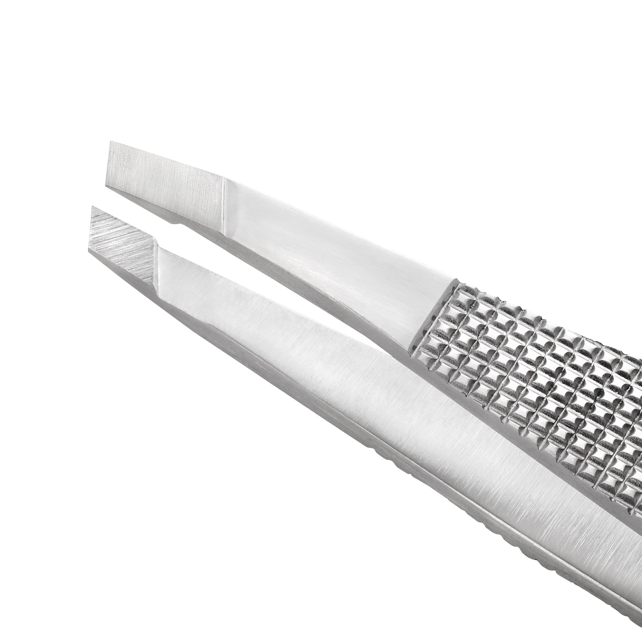 Tweezerman Wide Grip Slant Tweezer in stainless steel with ergonomic handle for precise eyebrow and lash grooming.