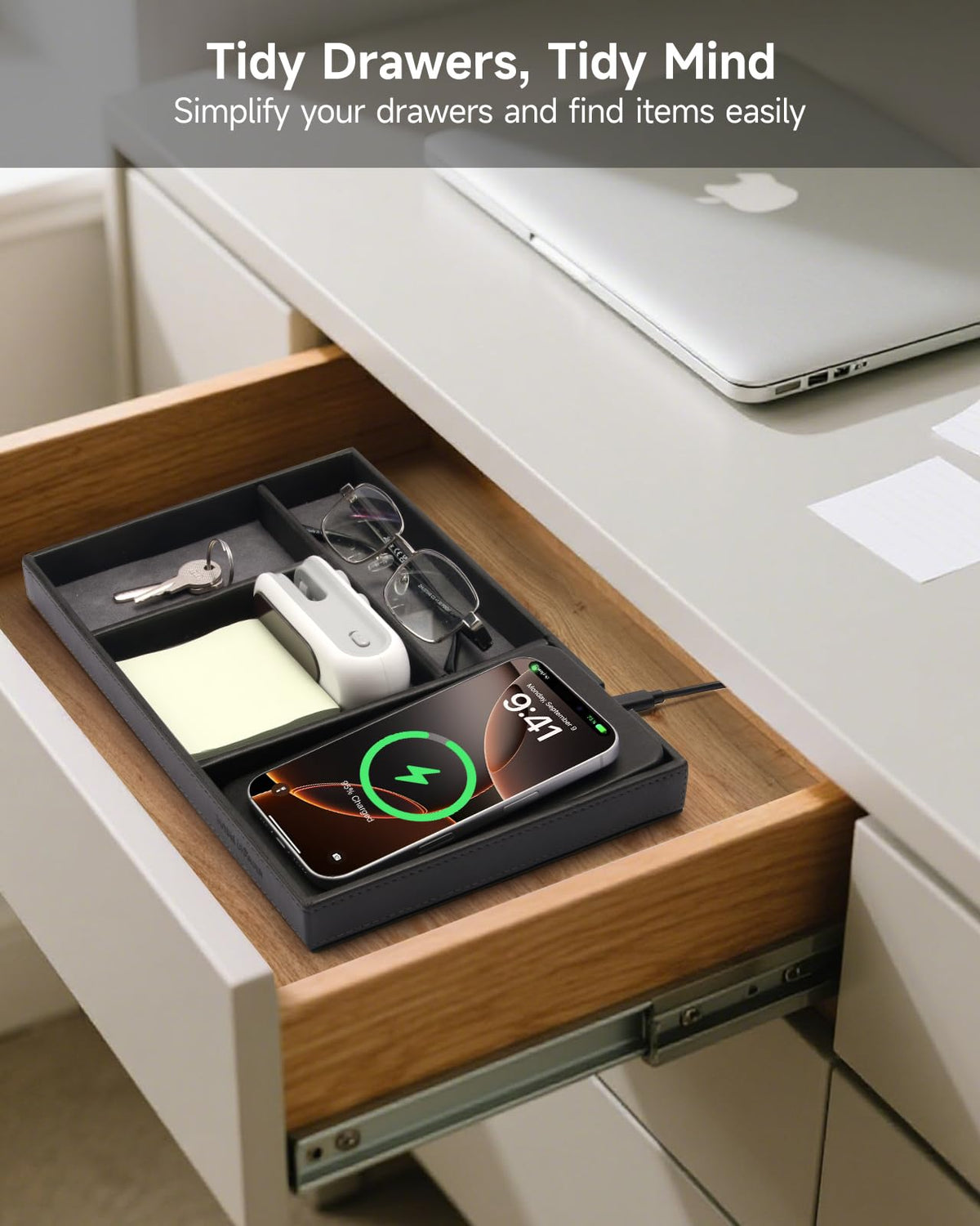 wireless future charger Valet Tray, Built in Wireless Charging Pad, Nightstand Organizer – close-up detail