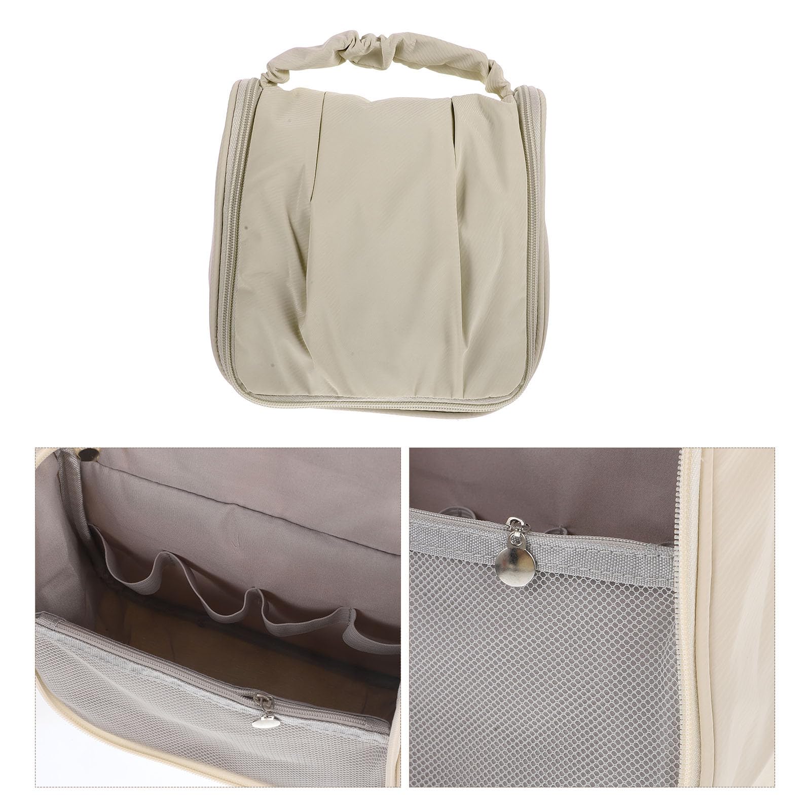 TOVINANNA large beige waterproof travel cosmetic case with handle, designed for women to organize toiletries and makeup.
