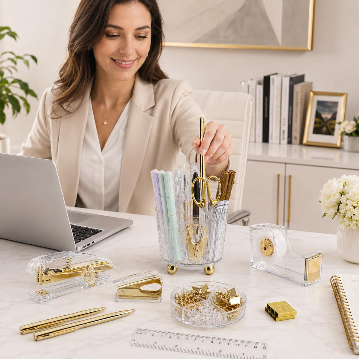 ChezAbbey Office Desk Supplies Accessories for Women - 360-Degree Rotating Pen Holder