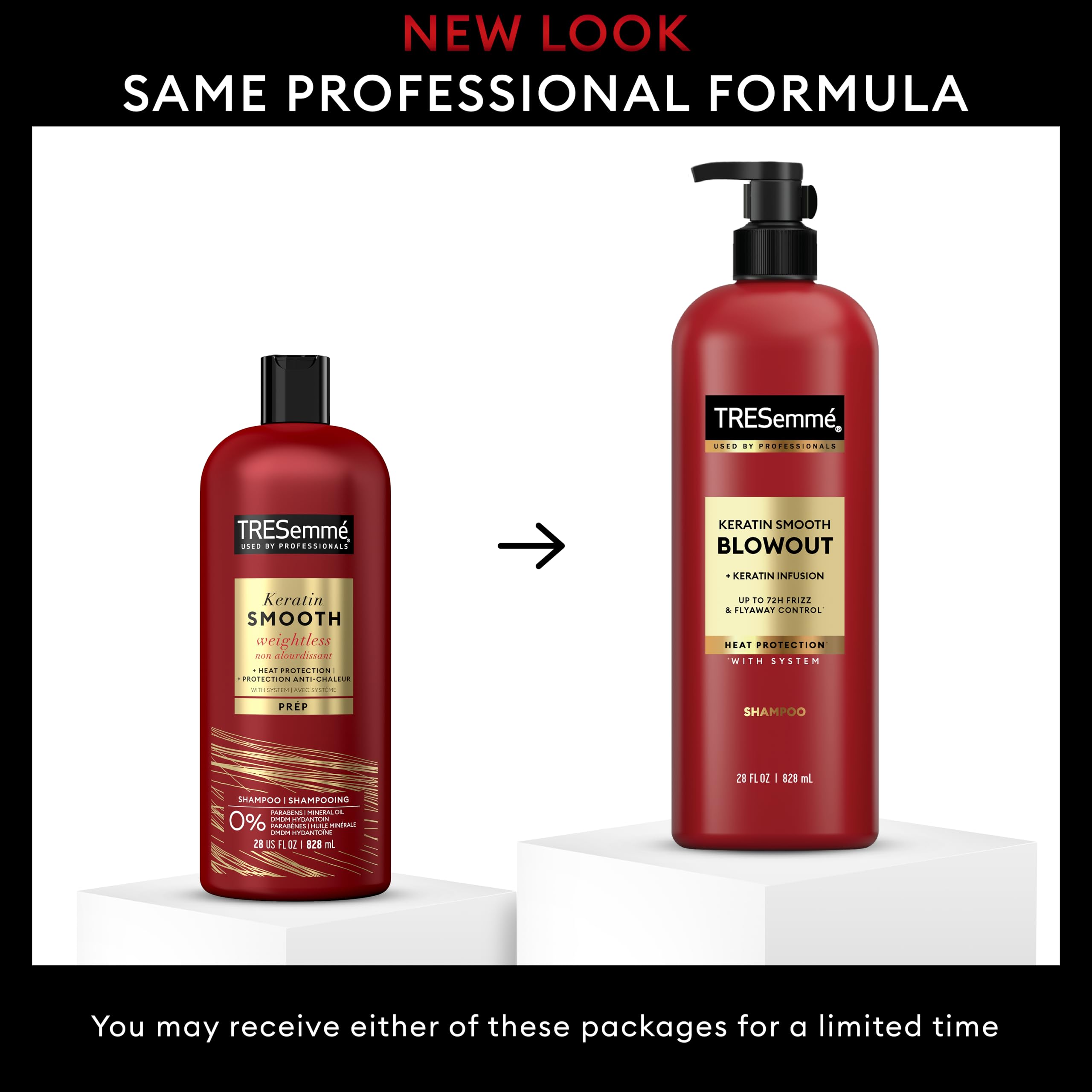 TRESemmé Keratin Smooth Hydrating Shampoo for dry hair in 28 oz bottles, four-pack, showing bottles with sleek packaging