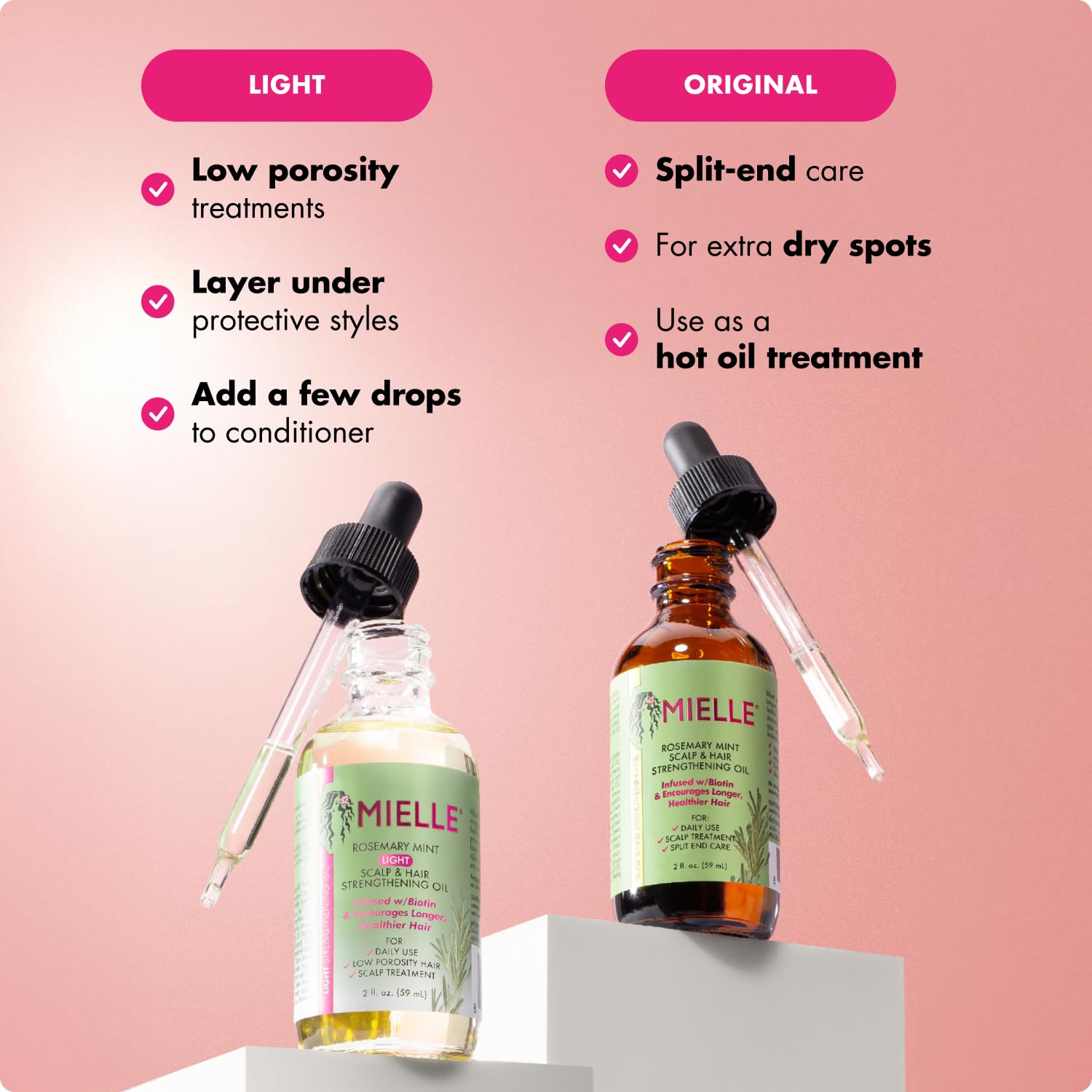 Mielle Organics Rosemary Mint Light Hair Oil 2 oz bottle, featuring a clear container with label, ideal for hair styling and scalp care.