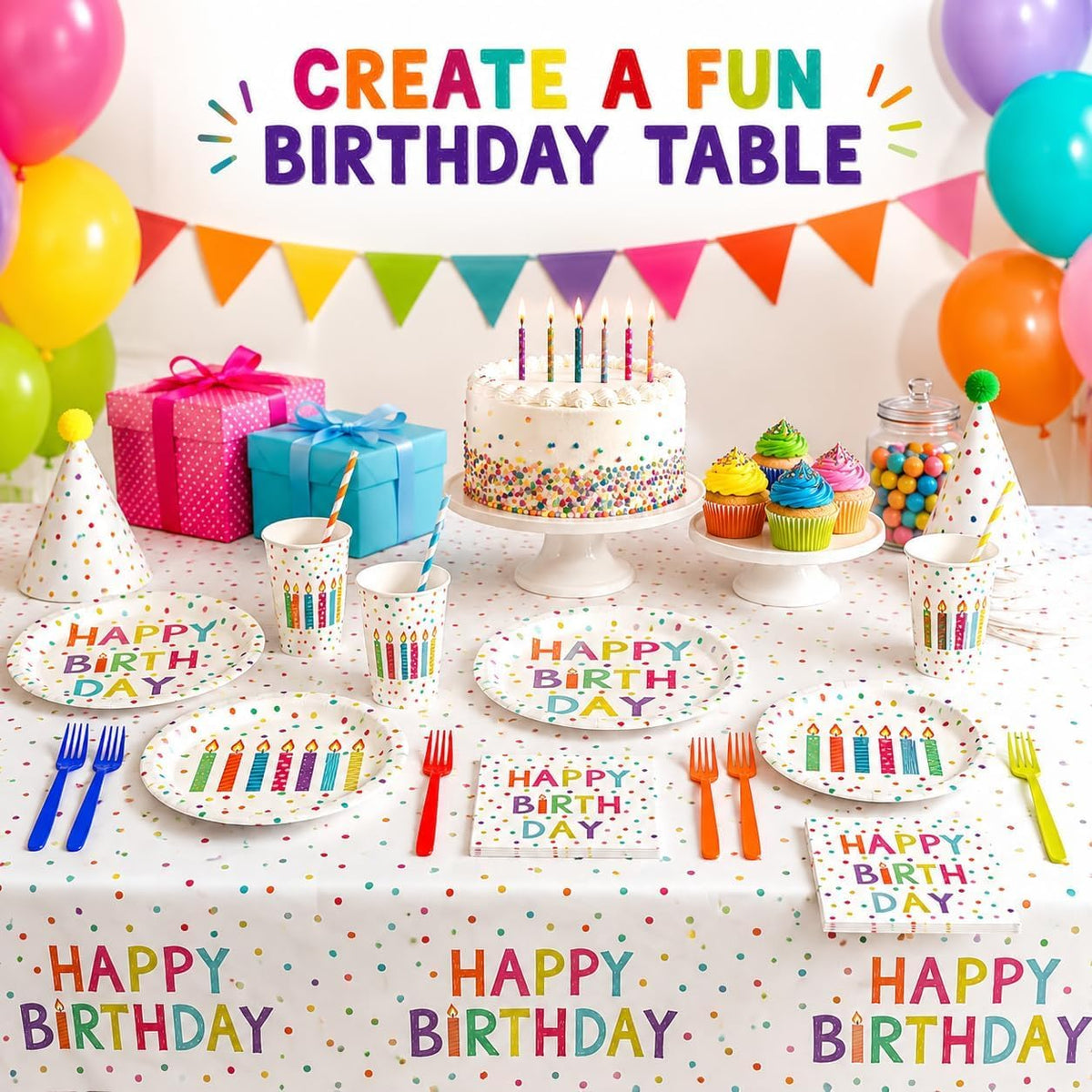 RVXHUA Colorful Polka Dot Party Decorations, Disposable Happy Birthday Plates – back view and specifications