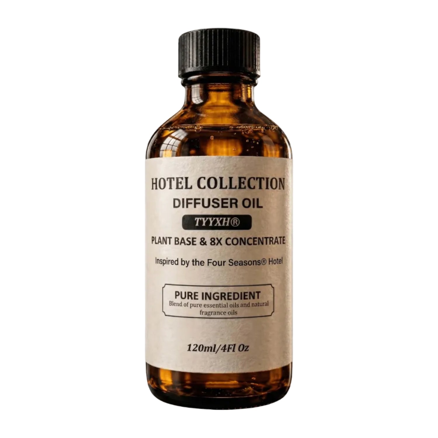 TYYXH four-season hotel diffuser essential oil in a 4oz bottle, showcasing the clear container with the aromatic oil inside.