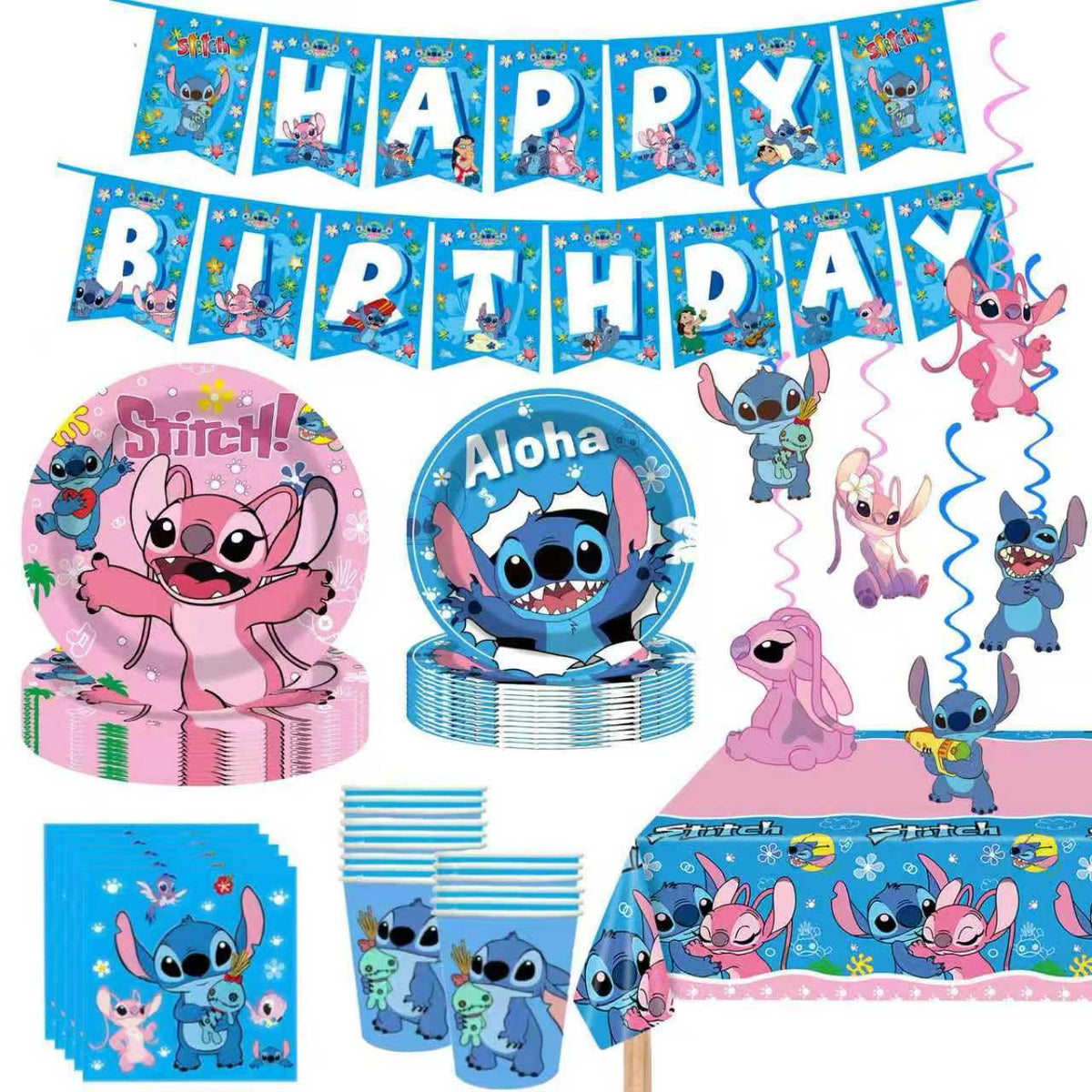 KROCEUS 88PCS For Stitch Party Supplies: 6 Hanging Swirls, 20 Napkins, 20 Cups, 20 Plates （9 inch）， 20 Plates 7（ inch）, 