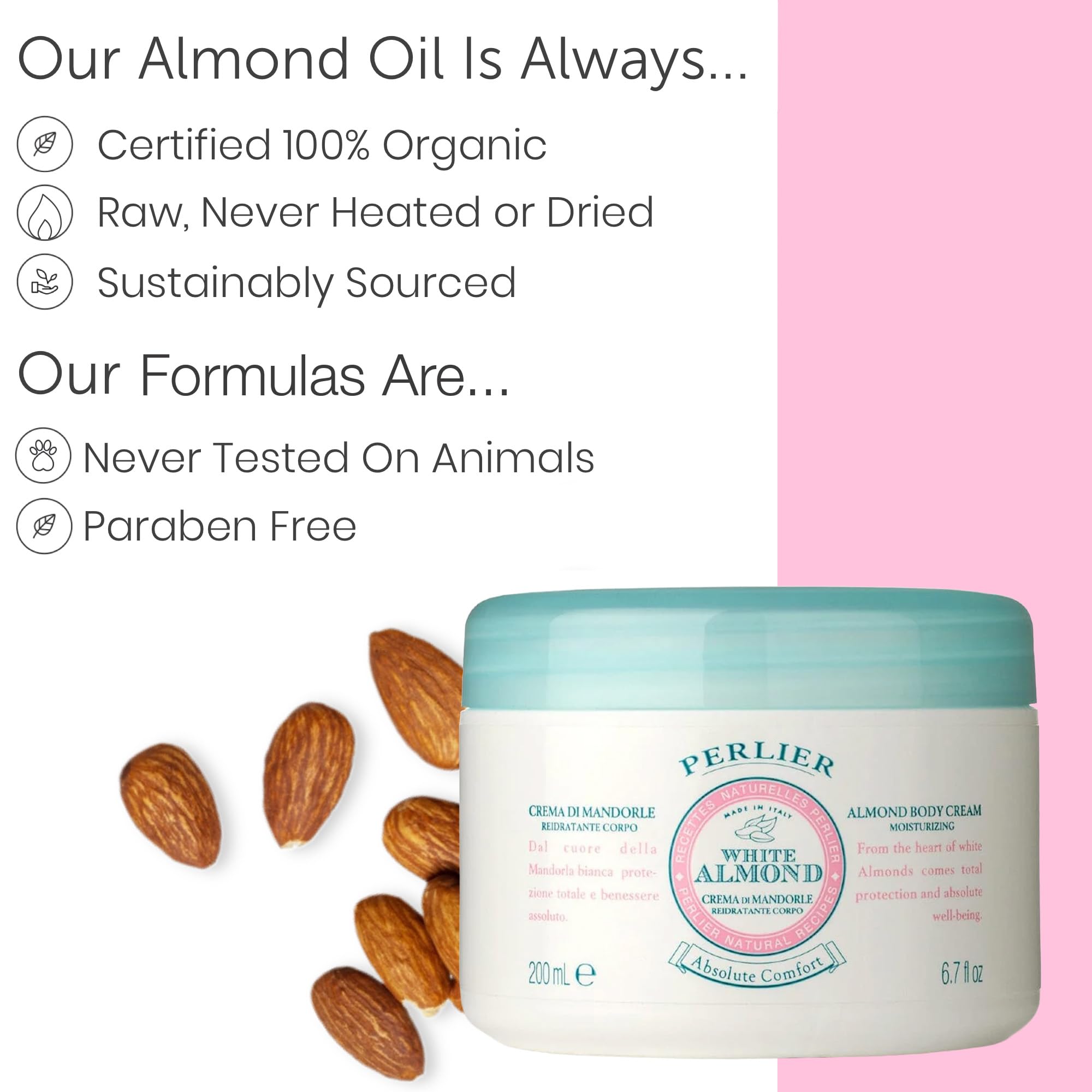 Perlier White Almond Body Cream with sweet almond oil in a 6.7 oz jar, moisturizing and nourishing skin.
