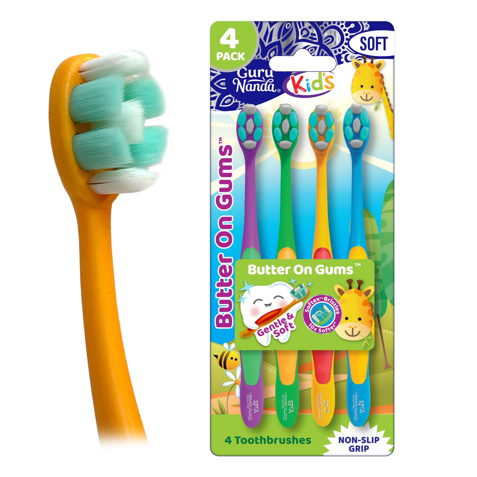 GuruNanda Butter On Gums Kids Toothbrush - 4 Pack Extra Soft - Product Imagery