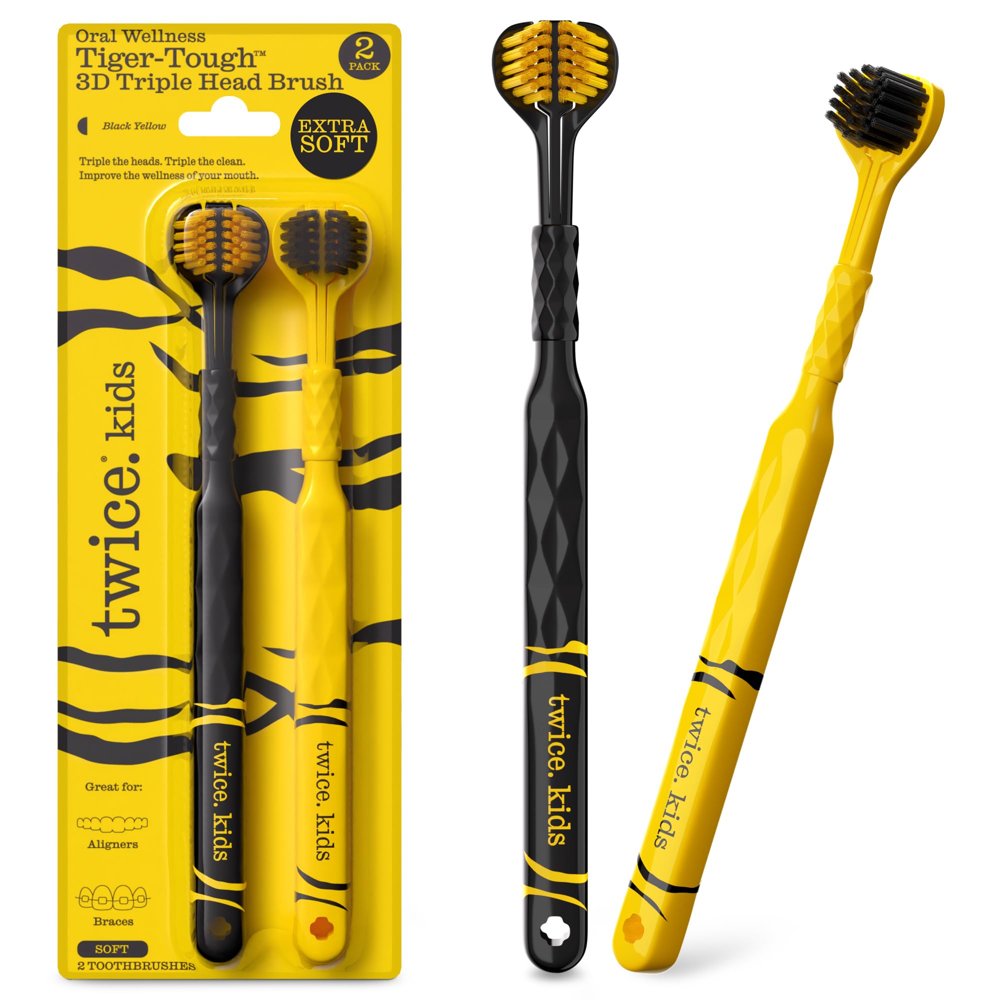 Twice Kids 3D Triple-Head Toothbrush – Extra-Soft Bristles for - Product Imagery