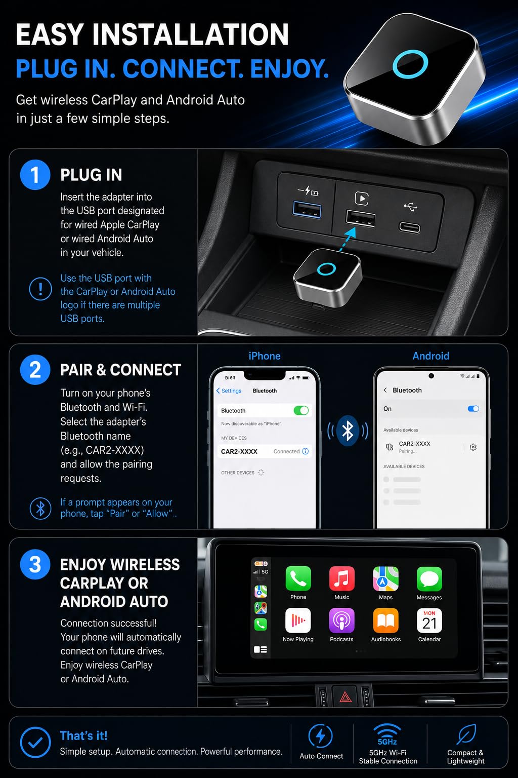 Headley Mobile Wireless CarPlay Adapter – back view and specifications