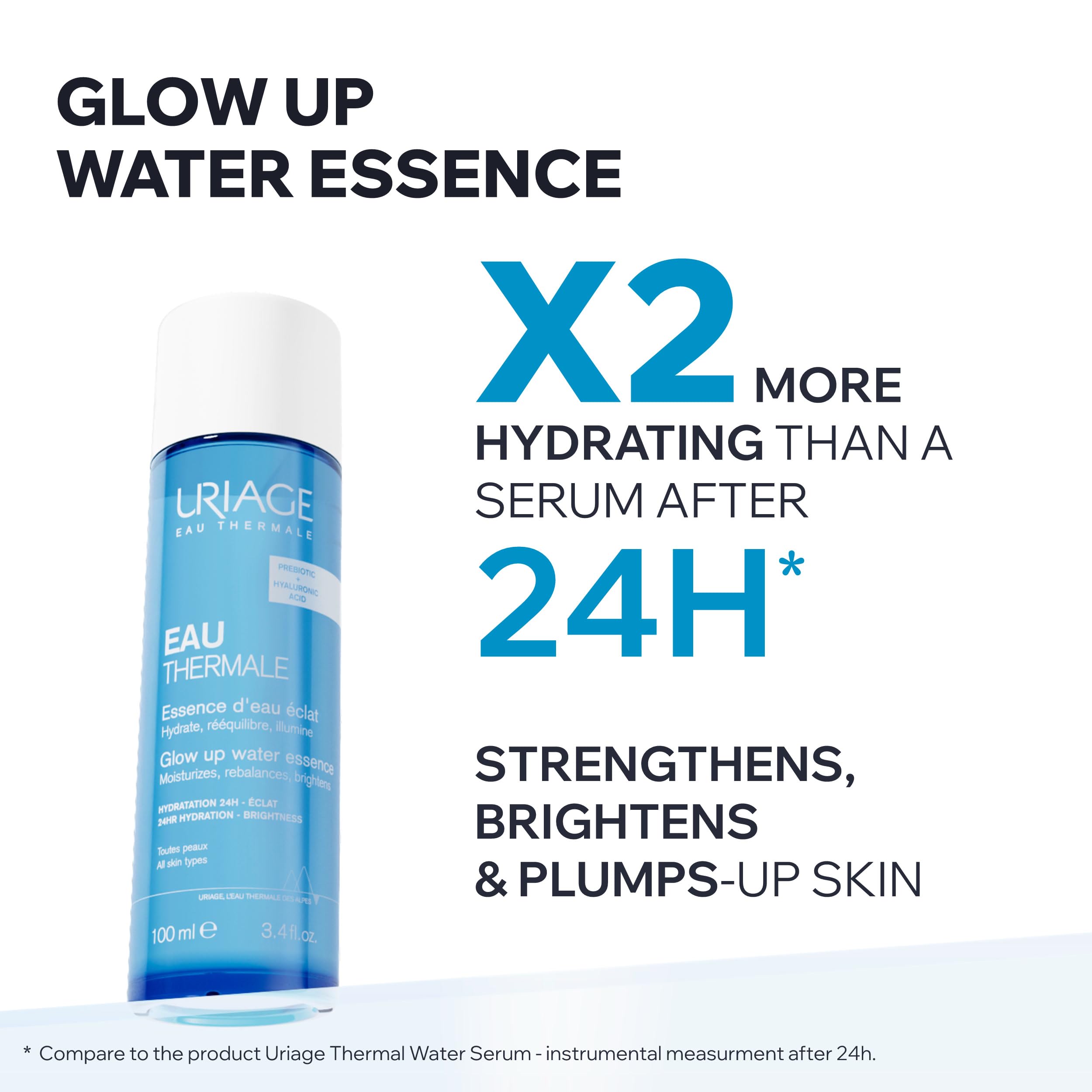 Uriage Water Essence Hydration Booster with hyaluronic acid in a clear bottle for skin hydration and moisture.