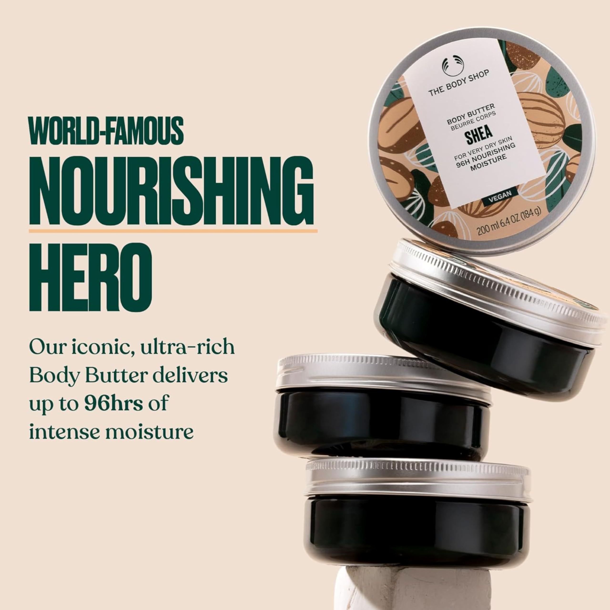 The Body Shop Shea Body Butter 6.4 oz moisturizing skin moisturizer with rich Shea butter for 96-hour hydration.