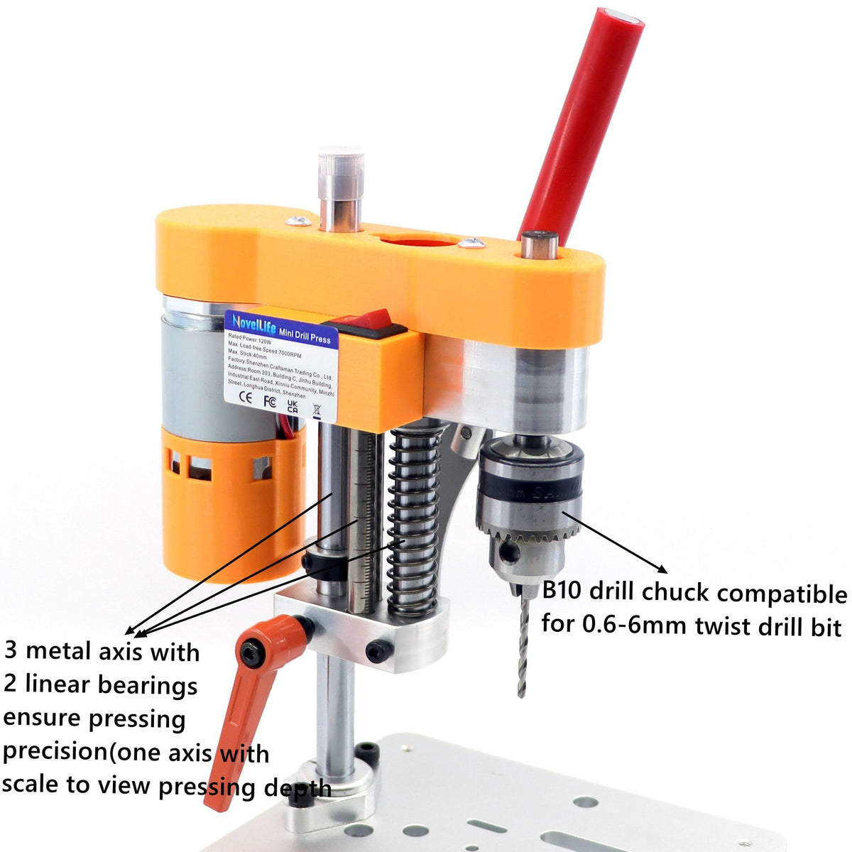 NovelLife Precision Mini Drill Press Benchtop Driller Machine B10 Upgraded – full view, size 6 millimeters