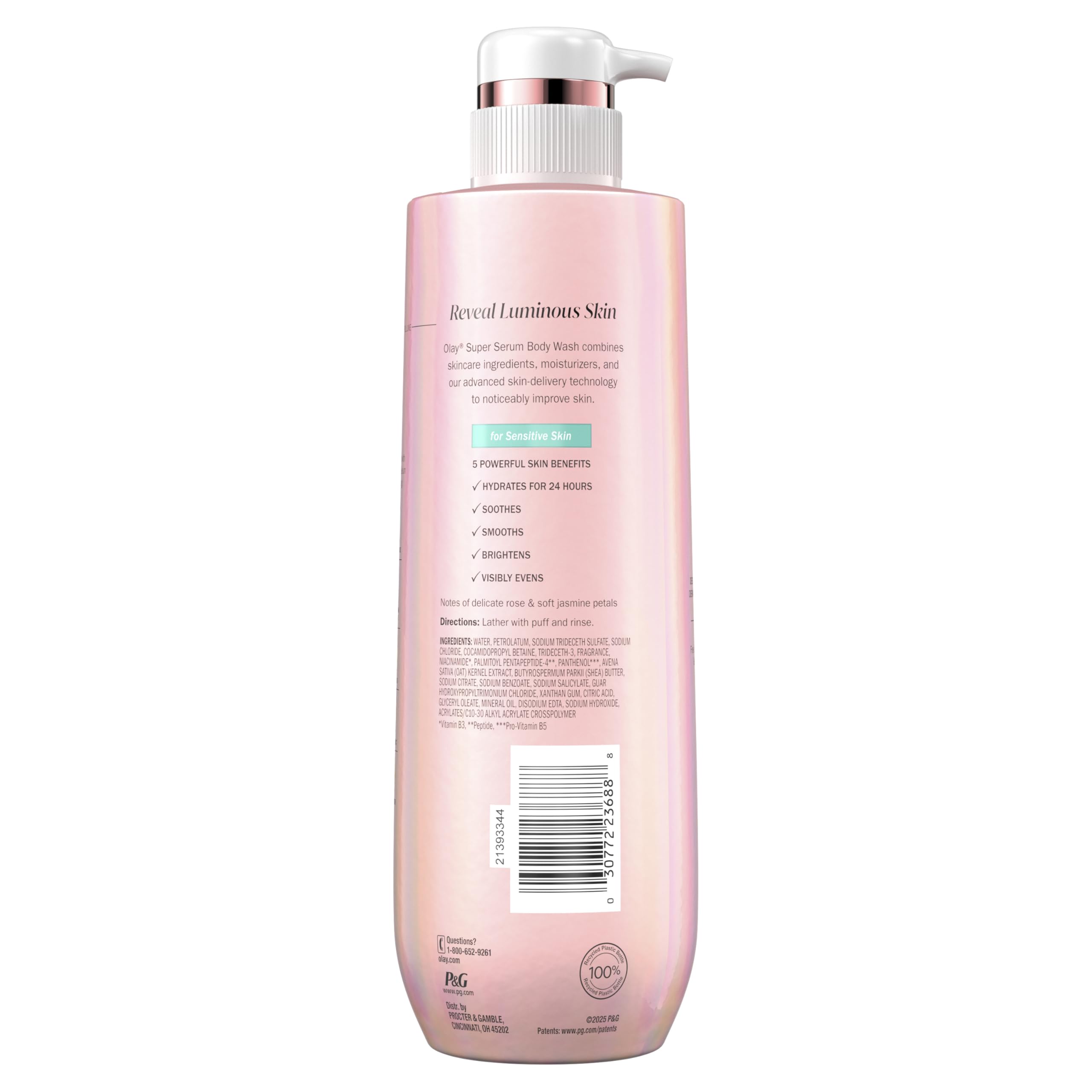 Olay Super Serum Body Wash for sensitive skin with collagen, Vitamin B5, and Shea Butter, 20 fl oz, hydrating and brightening skincare.