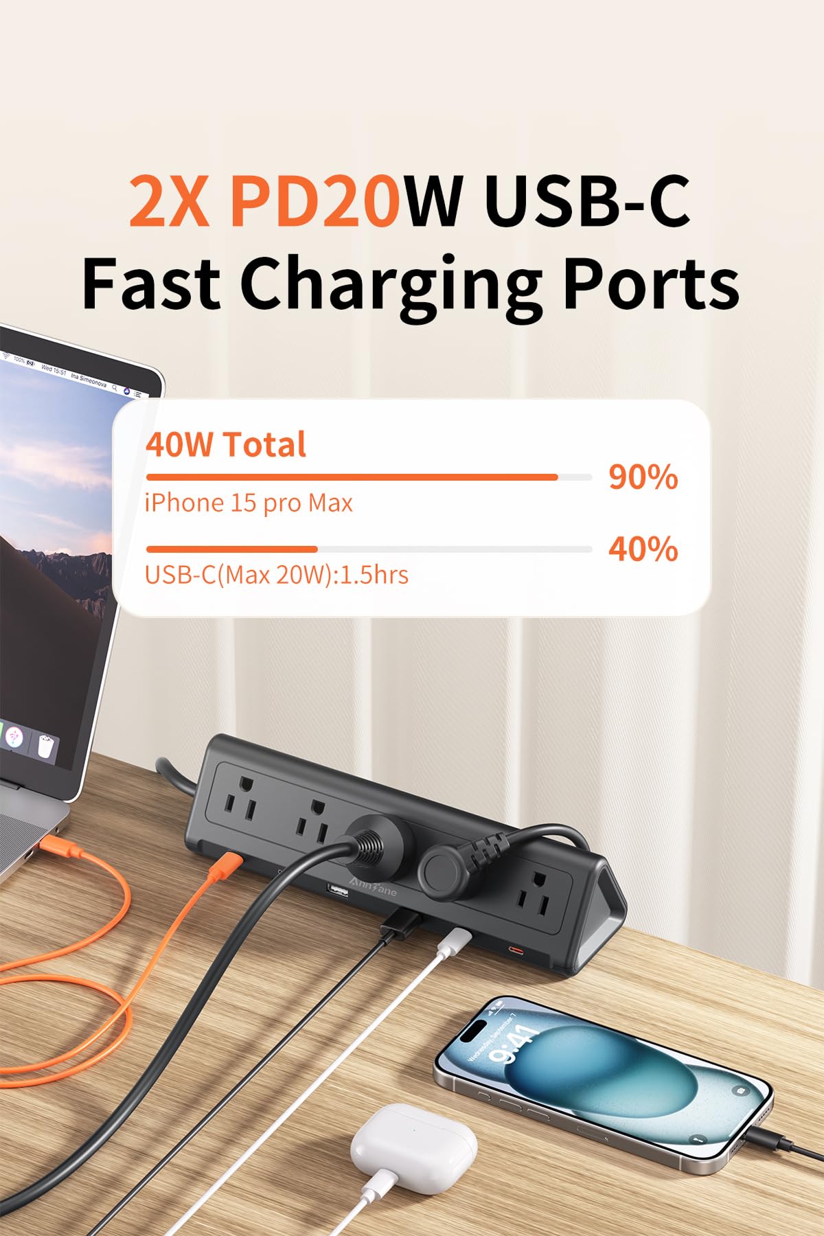 AnnTane Desk Clamp Power Strip USBC, 40W Fast Charging, 10 Ft, Black – packaging and label