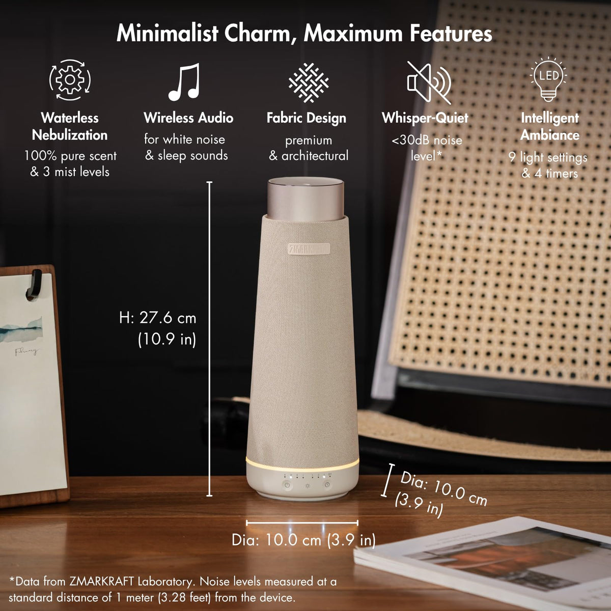 ZMARKRAFT Waterless Essential Oil Diffuser with Ambient Lighting & Built-in Speaker – close-up detail in Oatmeal Linen