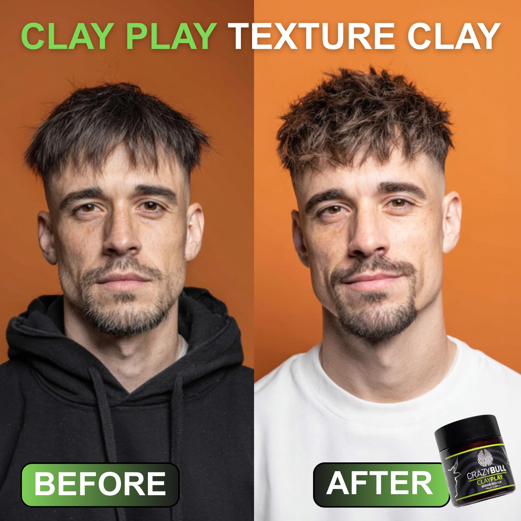 Crazy Bull Hair Play Medium Hold Clay with volcanic ash, long-lasting vegan-friendly hair styling clay for men, 3.38 oz.