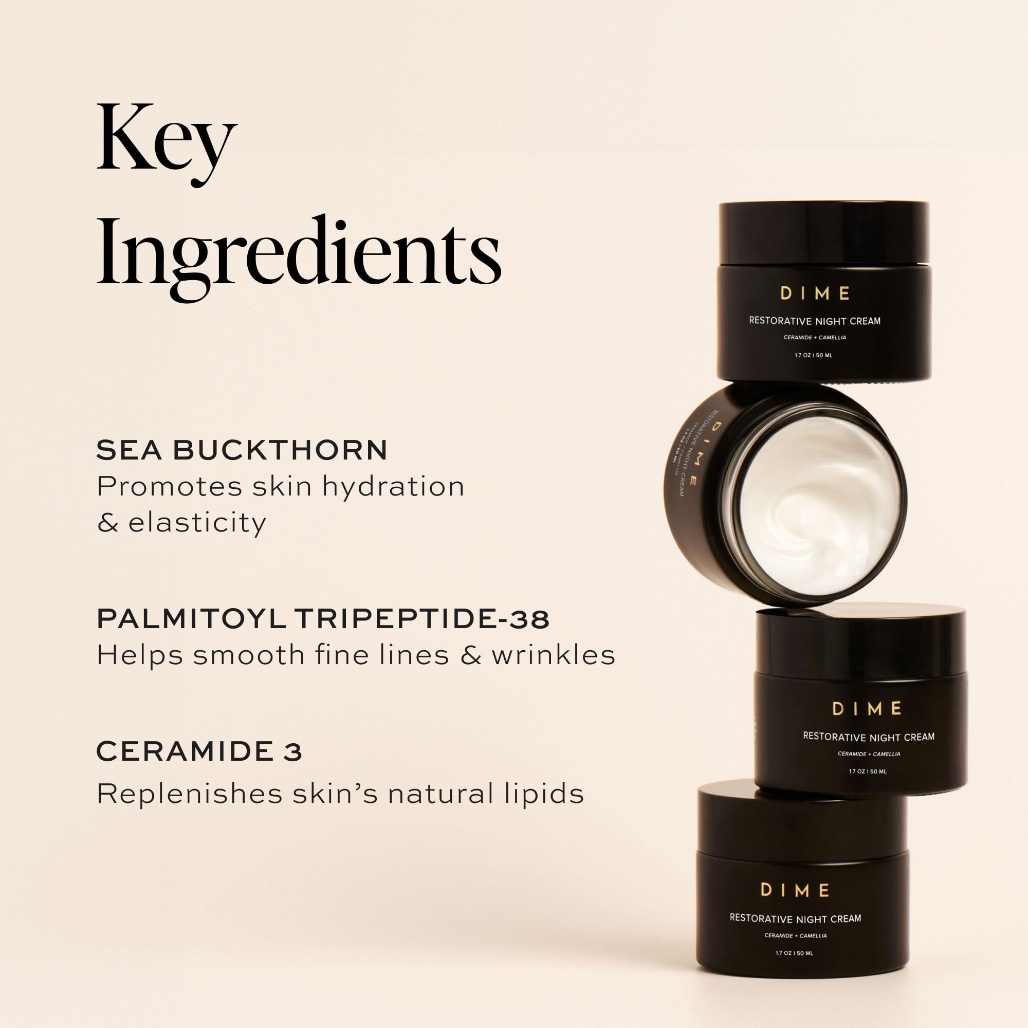 DIME Beauty Restorative Night Cream with ceramides in a 1.7oz jar, featuring a rich, creamy texture for skin hydration.