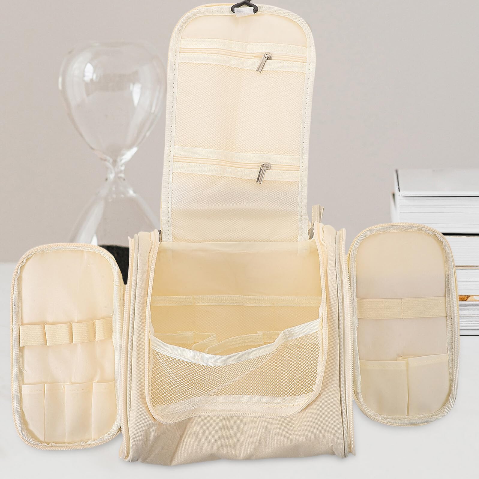 TOVINANNA large waterproof hanging toiletry bag with handle, beige travel cosmetic organizer and bathroom storage case.