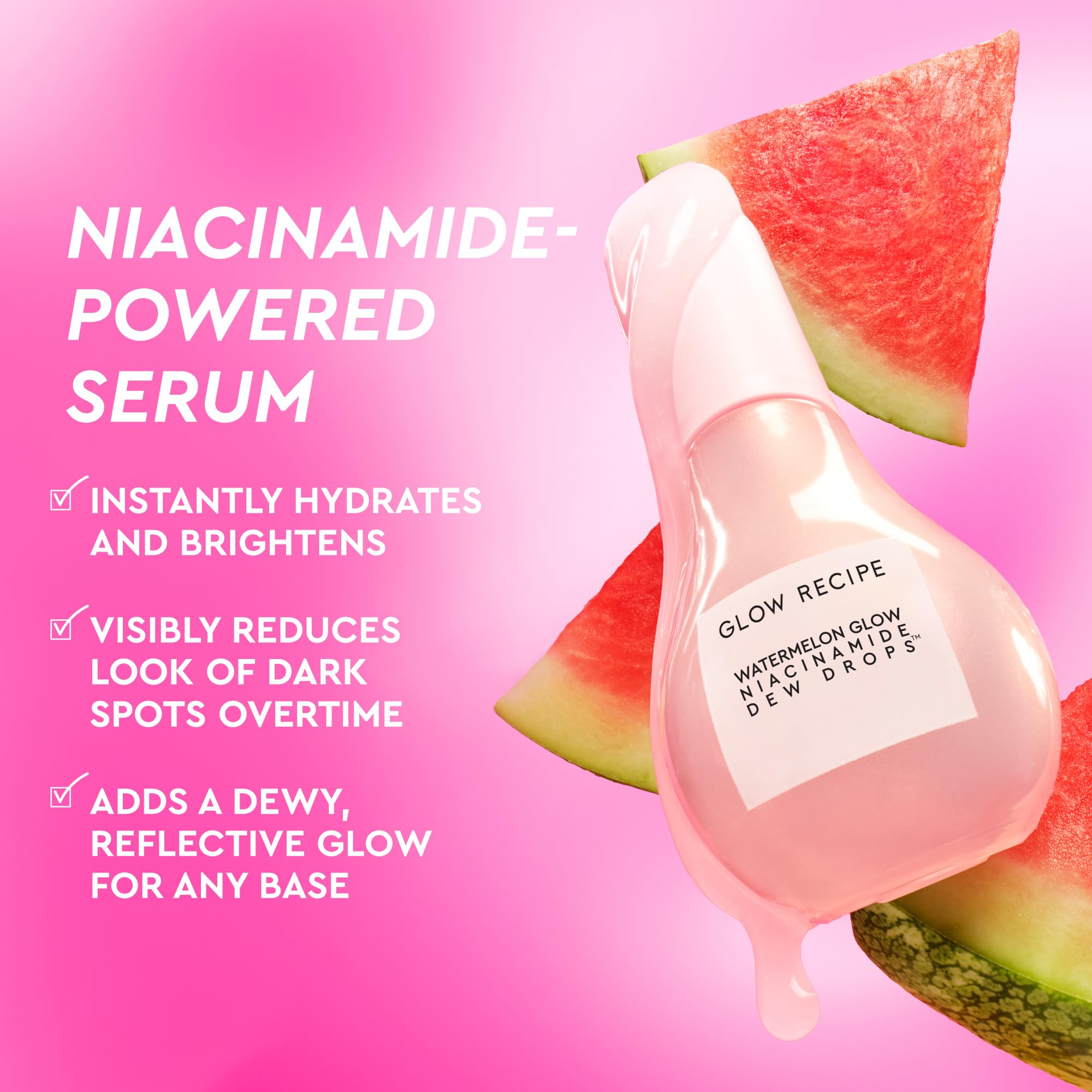 Glow Recipe Watermelon Niacinamide Dew Drops skin serum in a clear 80ml bottle with watermelon imagery and a dropper applicator.
