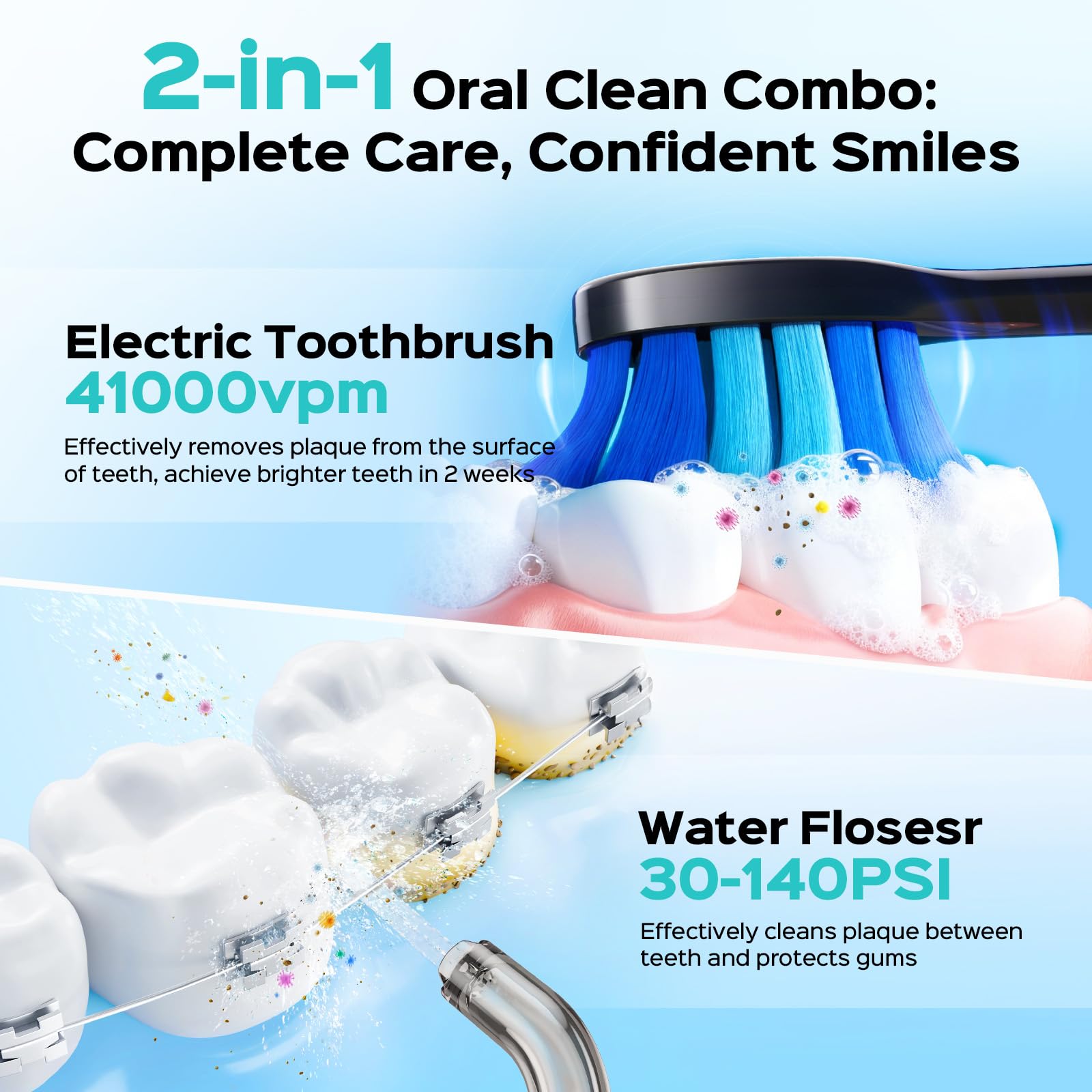 COSLUS C51C30 water flosser and electric toothbrush combo, 2-in-1 oral cleaning kit with toothbrush and water flosser in a compact design.