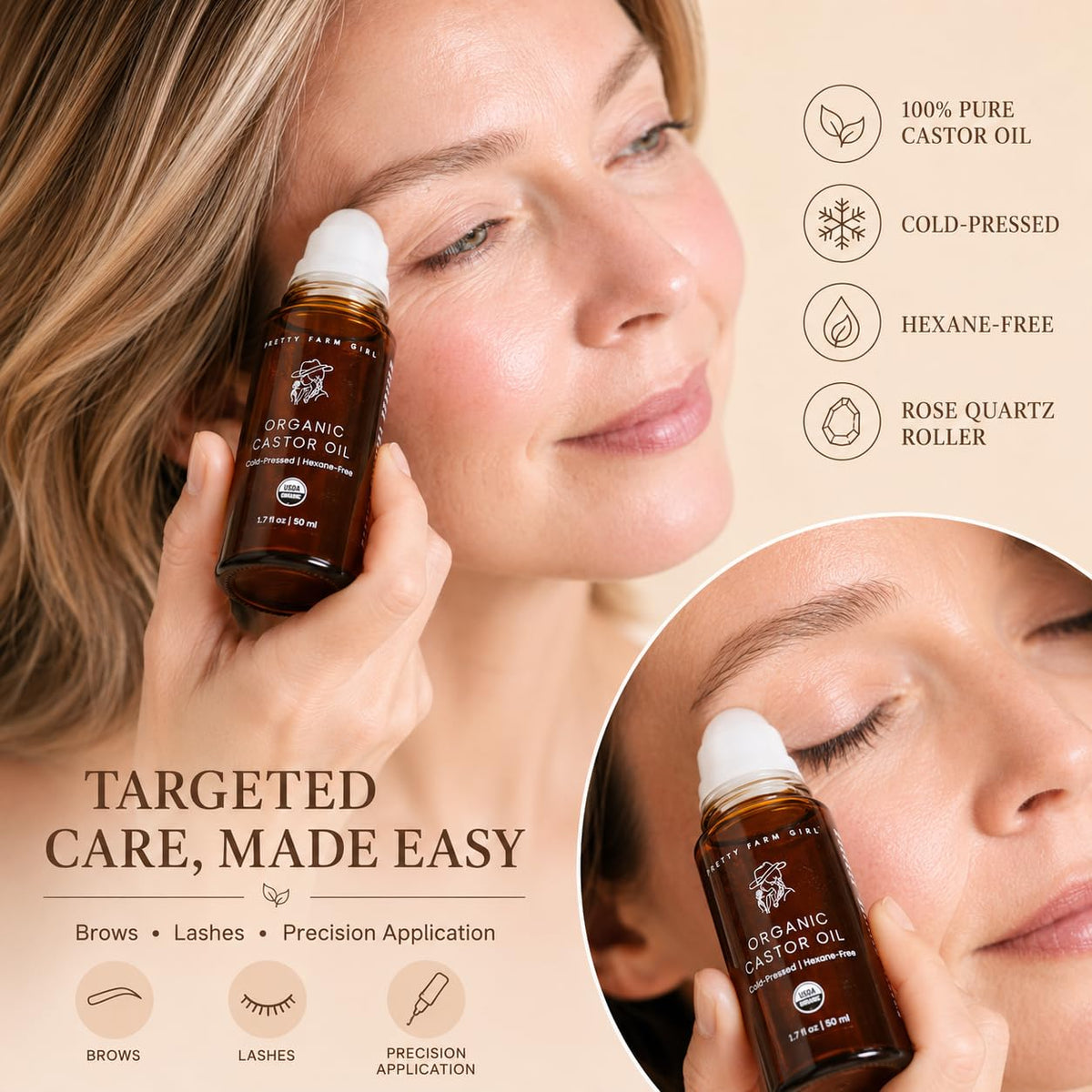 Pretty farm girl Organic Castor Oil Roller with Rose Quartz Roller Ball - 100% Pure Cold Pressed Hexane Free Roll On Cas