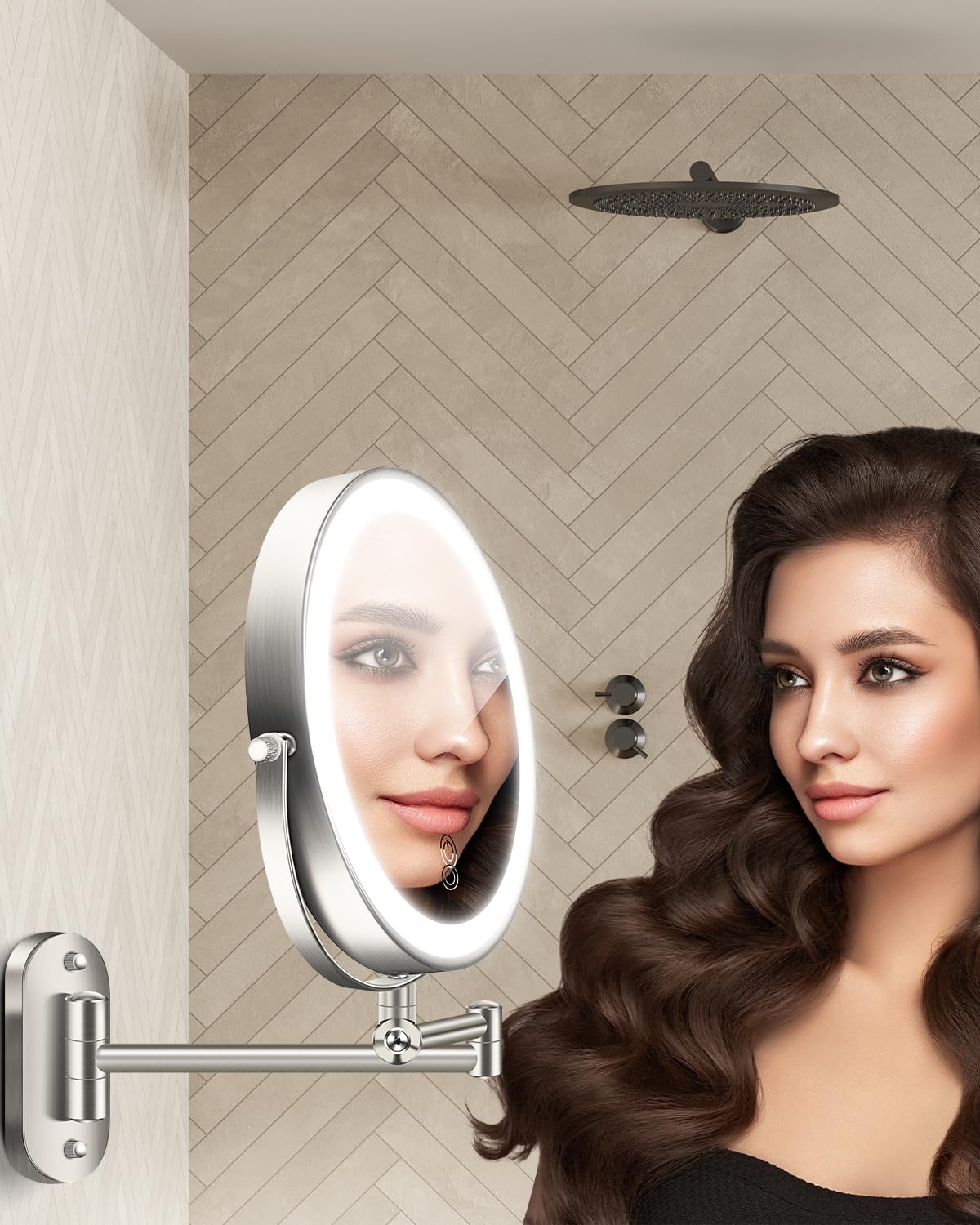 VFD 9'' 30X/1X Wall Mounted Height Adjustable Lighted Magnifying Makeup Mirror – Brushed Nickel-9in, Metal