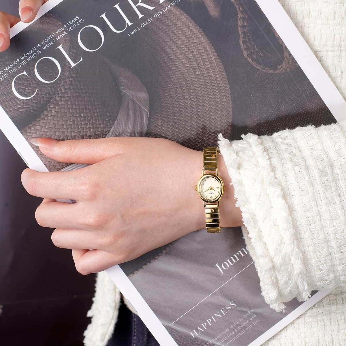 FANMIS Small Gold Watches for Women Oval Dial Leather Band Dress Wristwatch – close-up detail in Gold