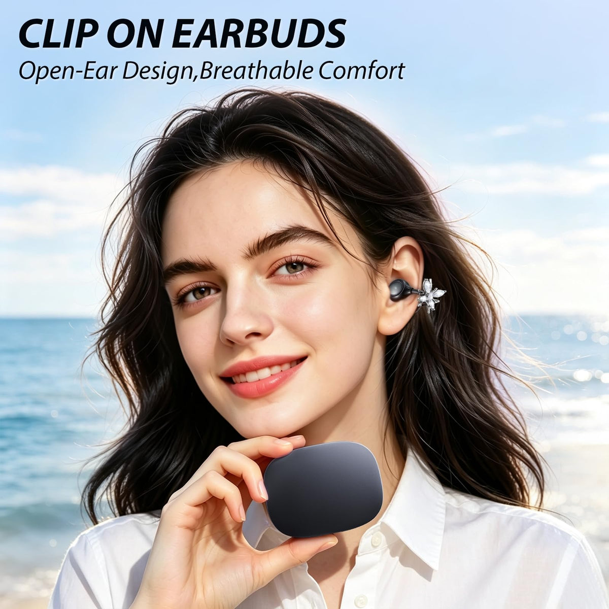 CHENRUIDA Clip On Earbuds Wireless Earring-in Case with Mirror(Black) – close-up detail in Black