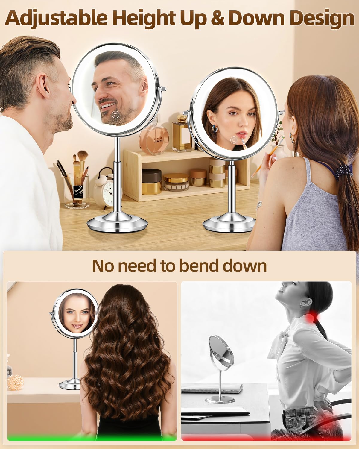 vpu 1X/30X 8" Magnifying Makeup Mirror with Lights Height Adjustable for Desk – packaging and label