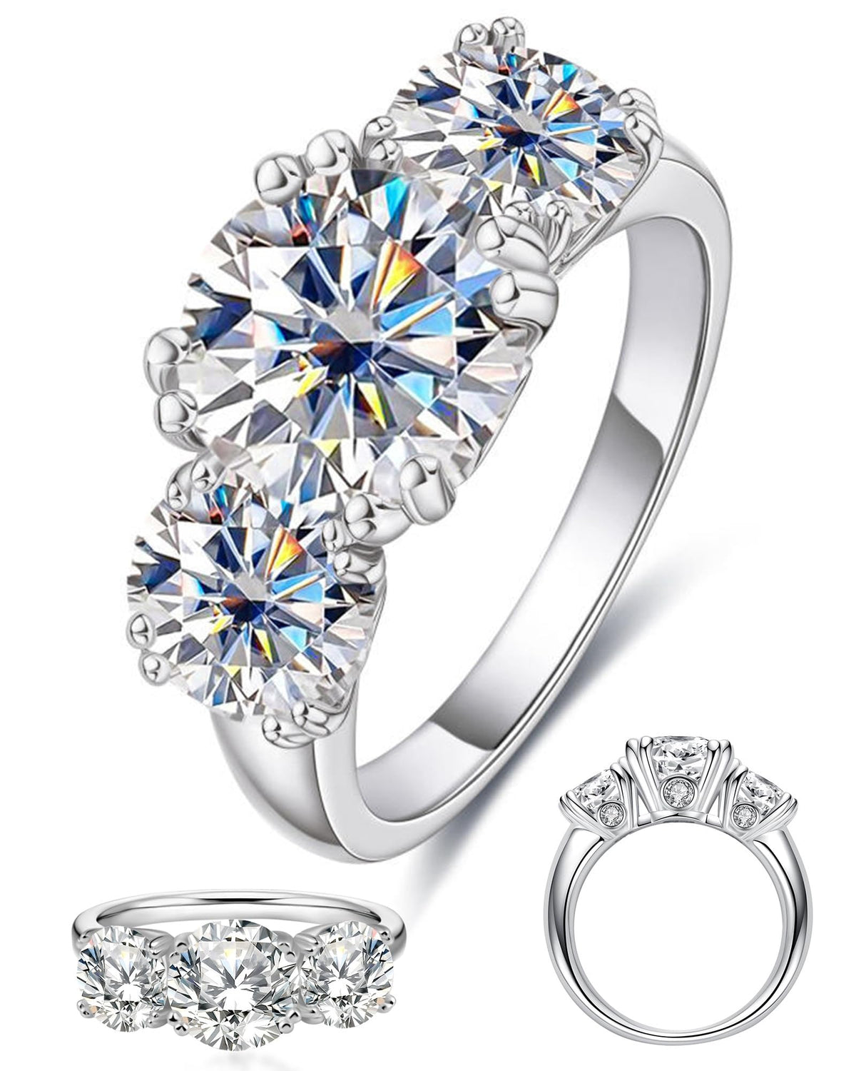 Esimorpym 4 Carat Moissanite Rings for Women, Three Stone Moissanite Engagement Ring 14K White Gold Plated Promise Ring 