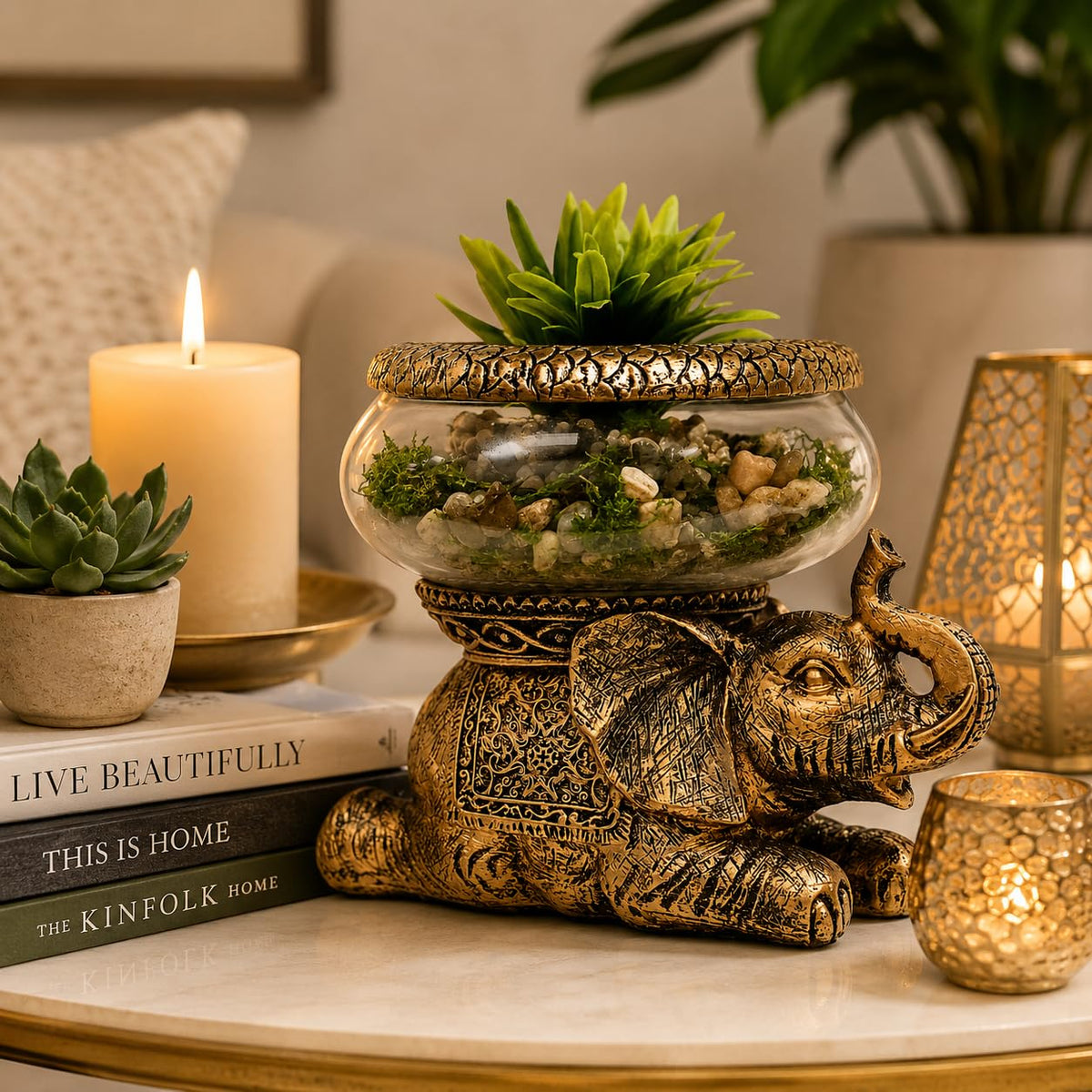THE NIFTY NOOK Elephant Decorative Bowl with Removable Glass Vessel, Antique Gold Finish, Tabletop Plant Display, Gift B
