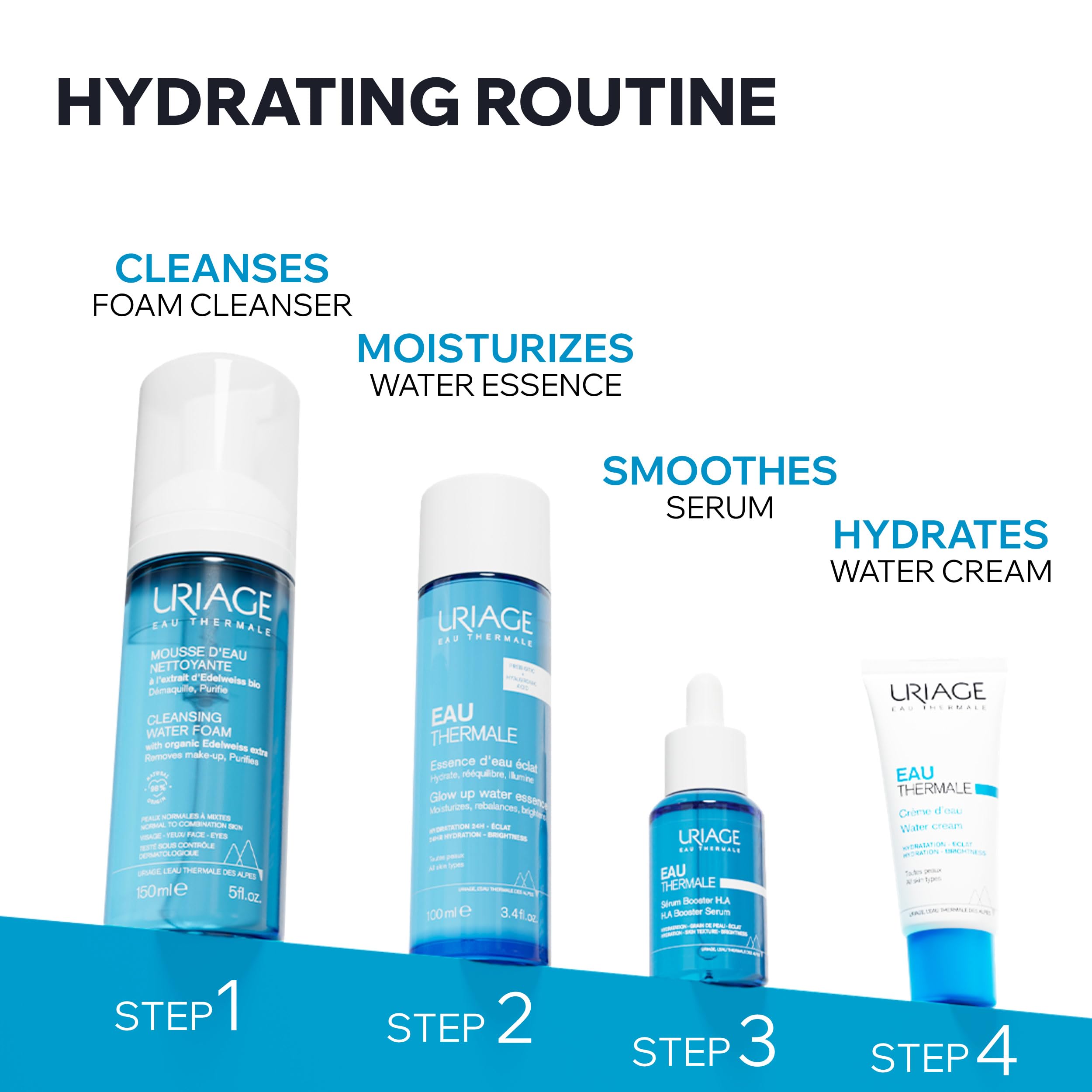 Uriage Water Essence Hydration Booster with Hyaluronic Acid in a 712mL bottle, skincare product for deep hydration and skin refreshment.