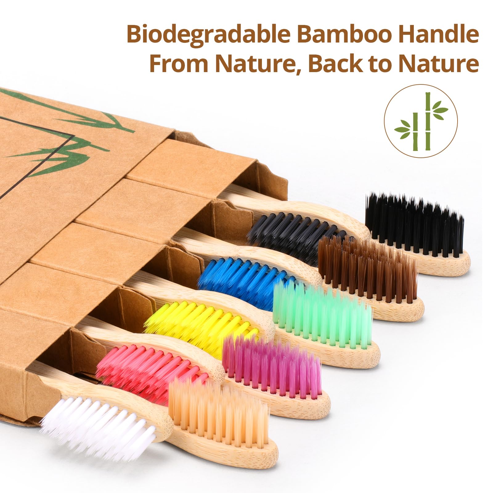 Virgin Forest bamboo toothbrush 10-pack with soft bristles, BPA-free eco-friendly toothbrushes for daily oral care.
