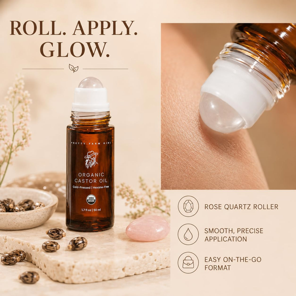 Pretty farm girl Organic Castor Oil Roller with Rose Quartz Roller Ball - 100% Pure Cold Pressed Hexane Free Roll On Cas