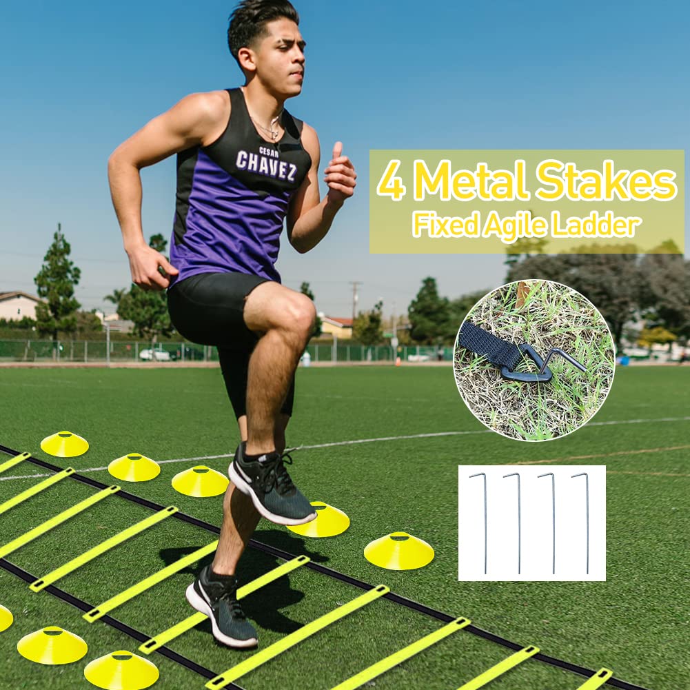 Rainmae Speed & Agility Ladder Training Equipment Set, Includes 12 Rung 20ft Agility Ladder, 4 Agility Hurdles,12 Disc C