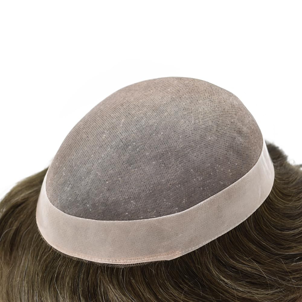 Curve Hair men's toupee human hair wig, light-medium brown with gray, 6x9 inches, monofilament scalp, durable poly coating, men's hairpiece
