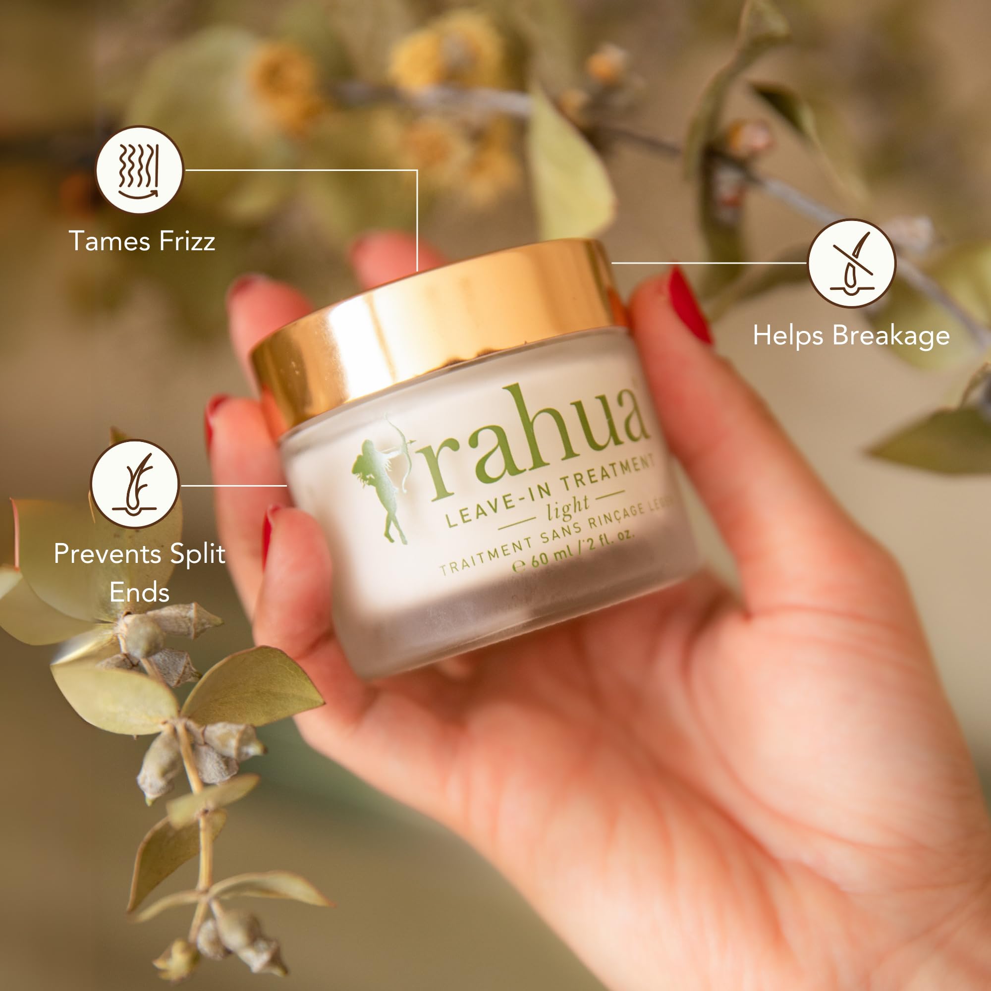 Rahua Light Leave-In Conditioner for fine hair, vegan heat protectant with quinoa, sunflower seed oil, and yerba mate, 2 oz bottle.