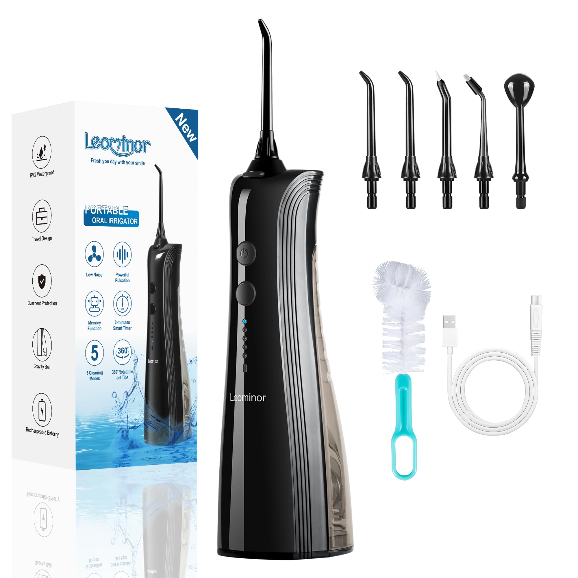 Leominor Water Dental Flosser, cordless portable oral irrigator in black with 5 modes and waterproof design for effective home and travel cleaning.