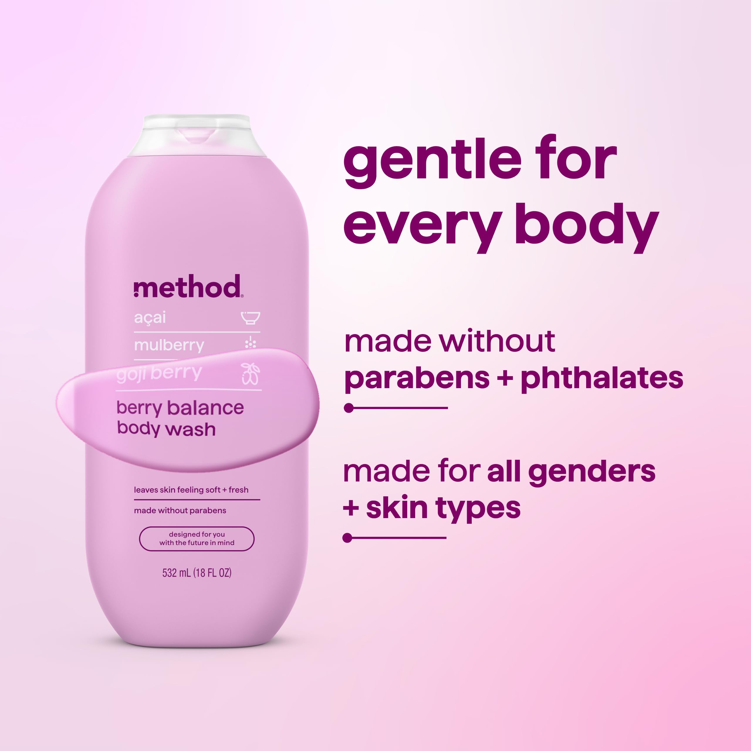 Method Berry Balance body wash 18 fl oz in a 3-pack, featuring natural berry scent and skin cleansing formula.