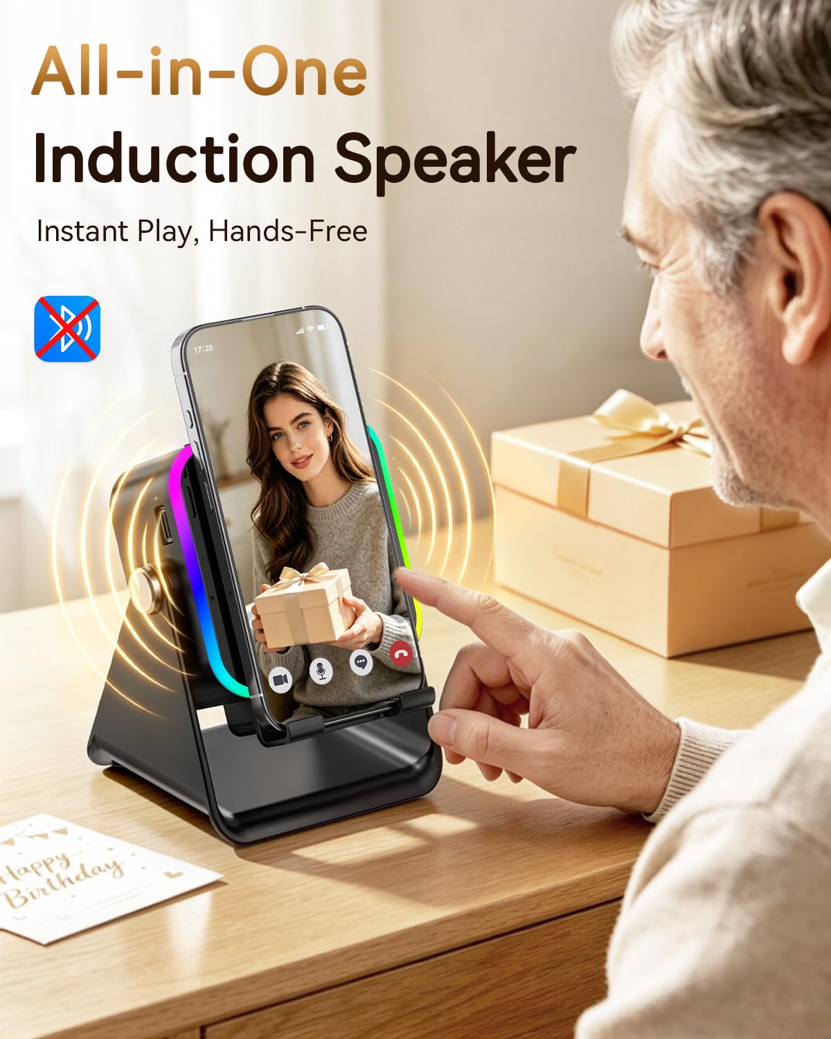 MILOUZ Gifts for Men Tech Gadgets Wireless Induction Speaker with Phone Stand – back view and specifications