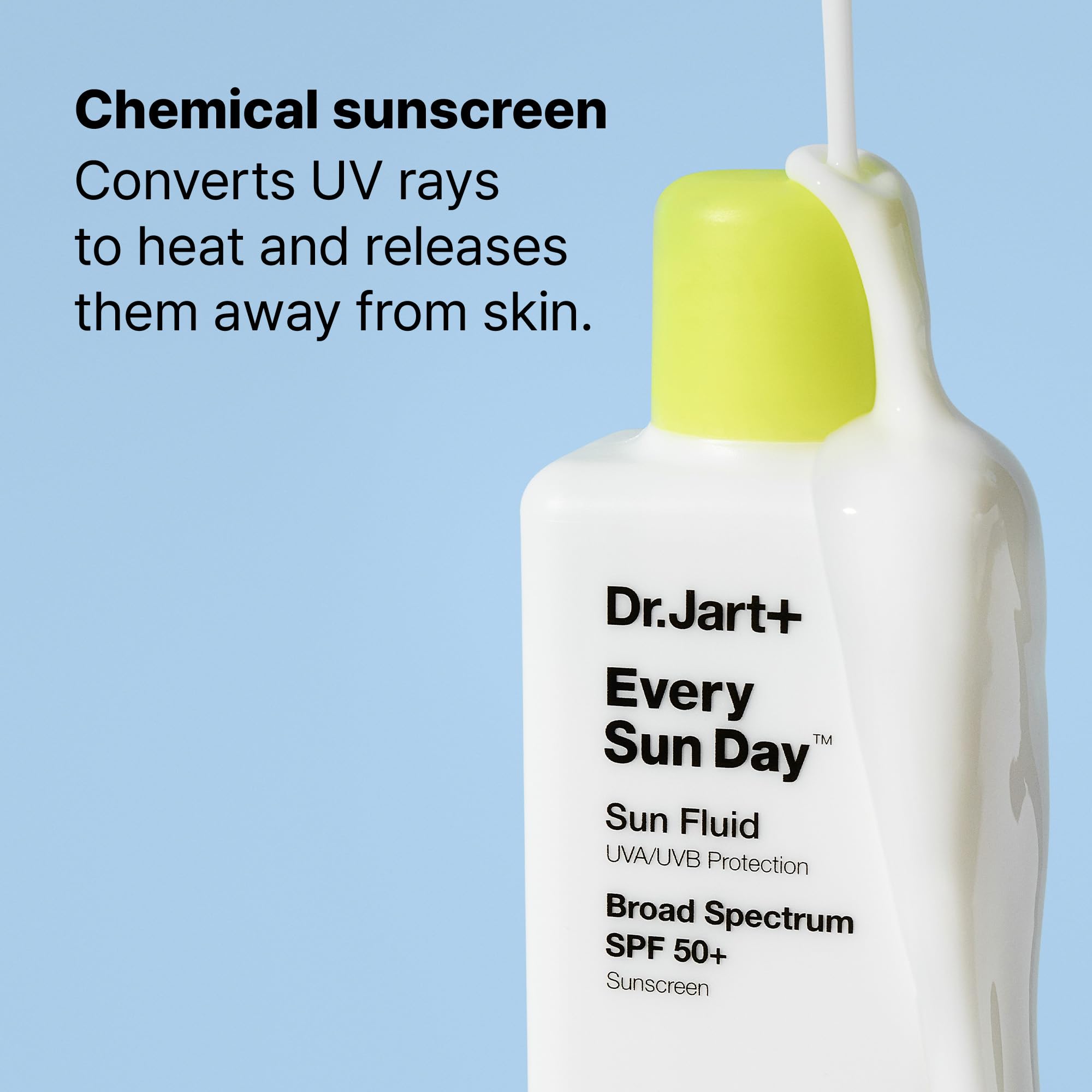 Dr.Jart+ Every Sun Day Sun Fluid Korean sunscreen SPF 50+ in a 3.38 fl oz bottle, suitable for face protection.