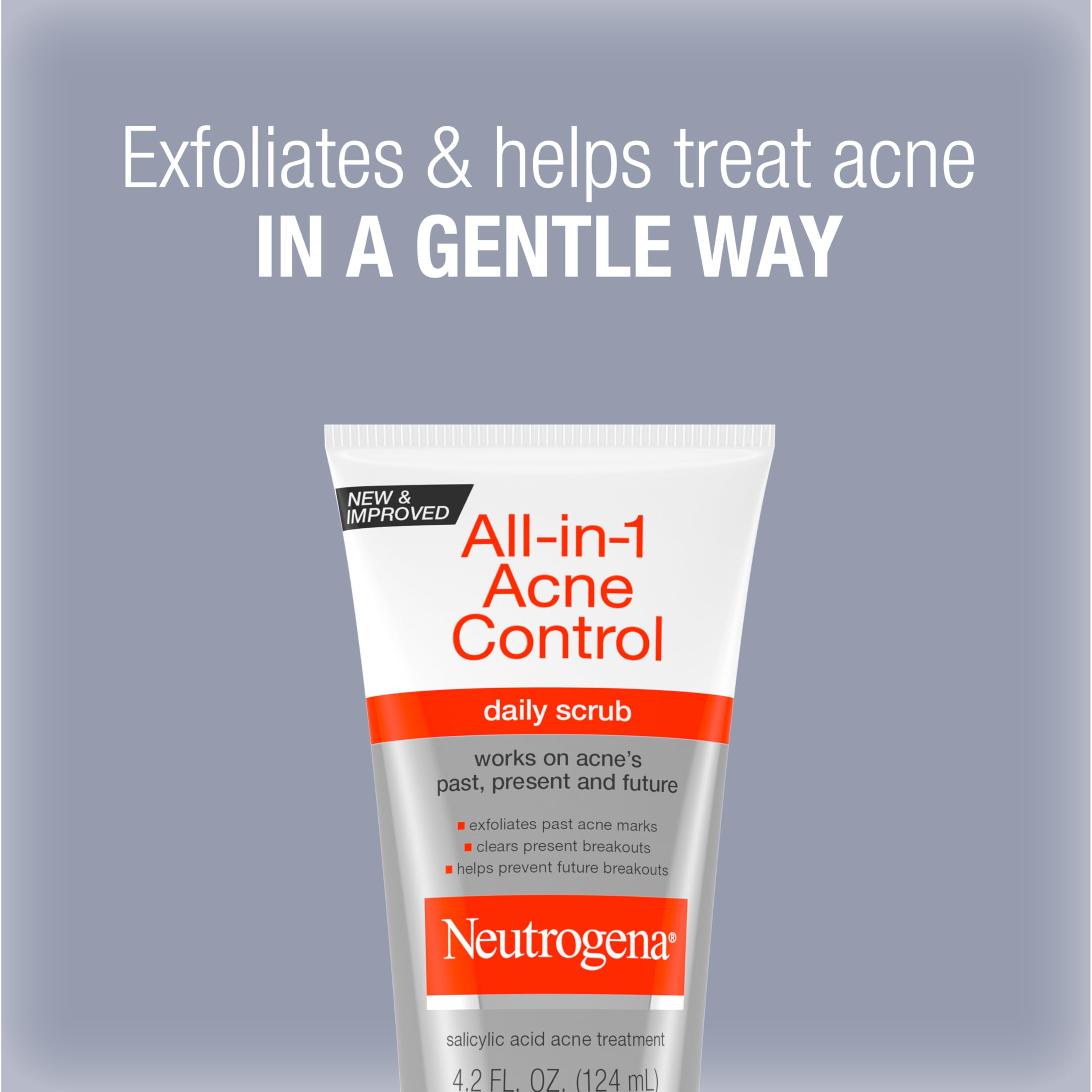 Neutrogena All-In-1 Acne Control Daily Face Scrub in 3 bottles, exfoliates and clears acne-prone skin with skin exfoliant formula.