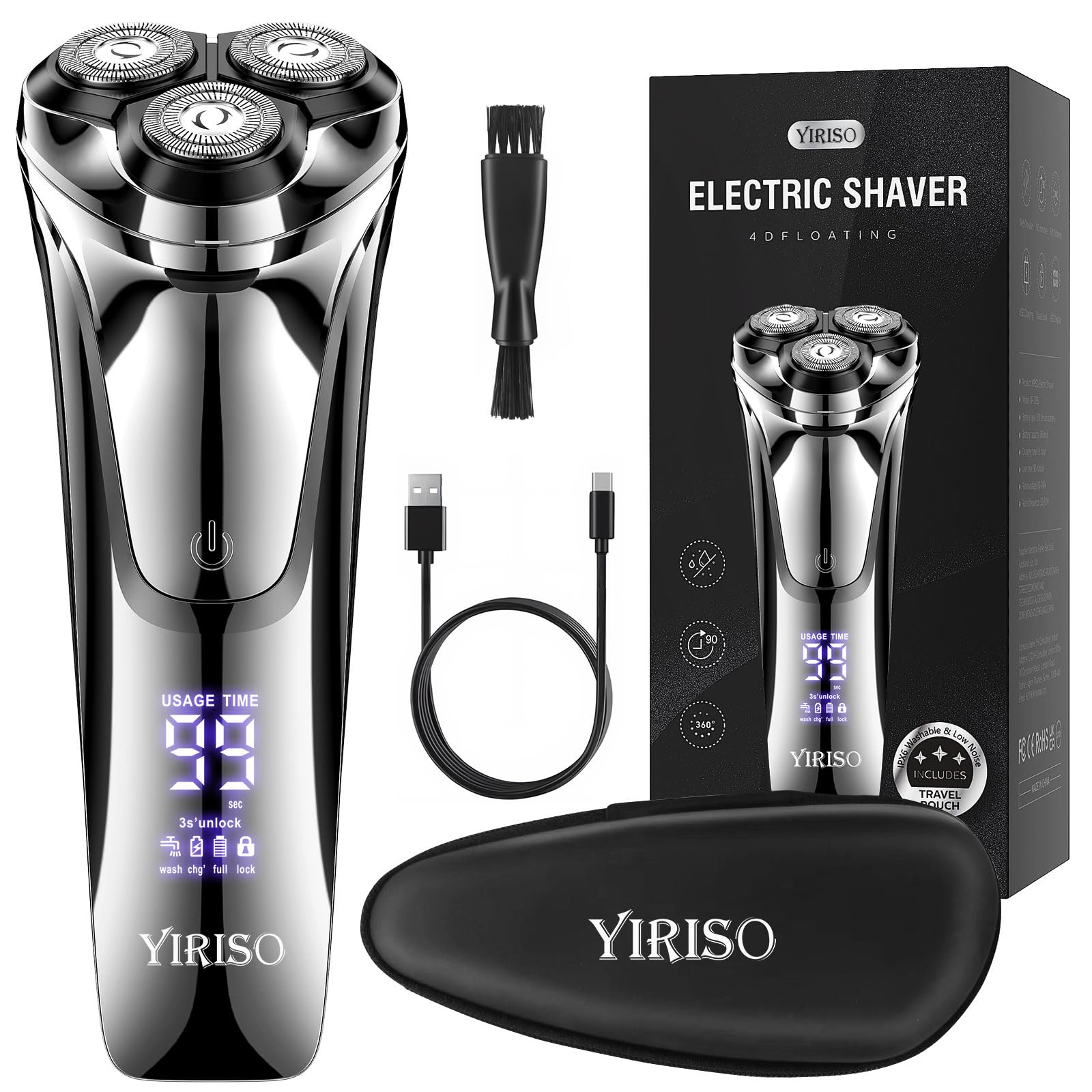 YIRISO electric shaver for men with rotary blades and 9000 RPM motor, sleek black design for smooth shaving.