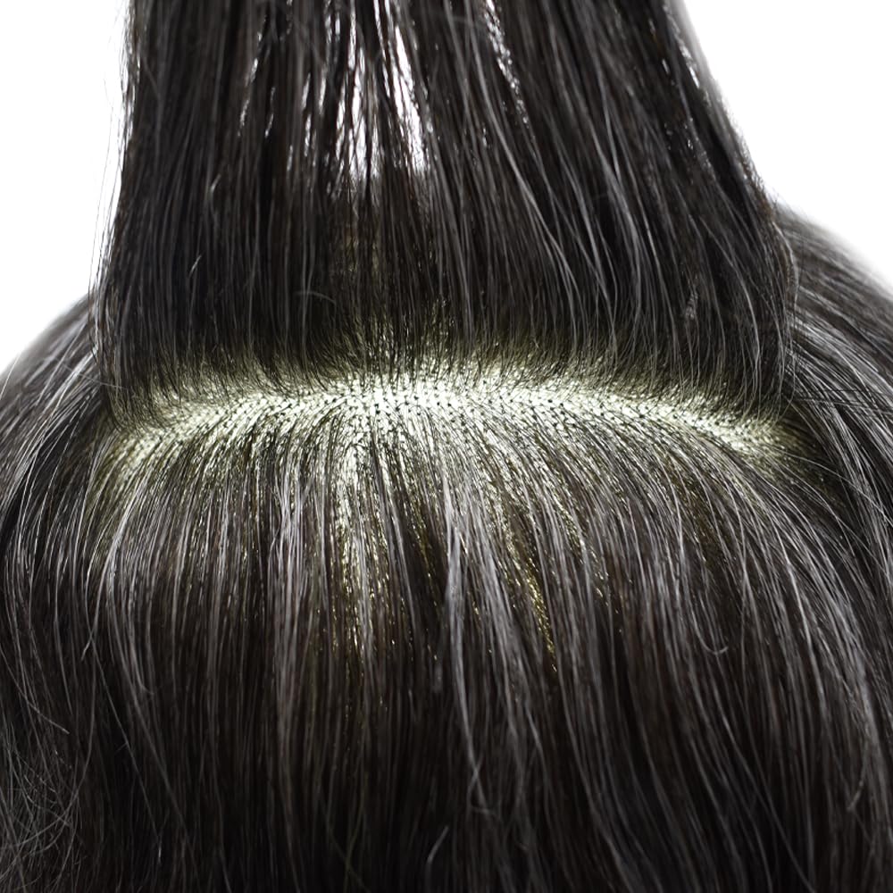 Curve Hair Mens Toupee Human Hair Piece Replacement System Monofilament Wig Hair Unit for Men Durable Poly Coated Mens Hairpiece (#1B40 Off Black+40% Gray, 6"X9")
