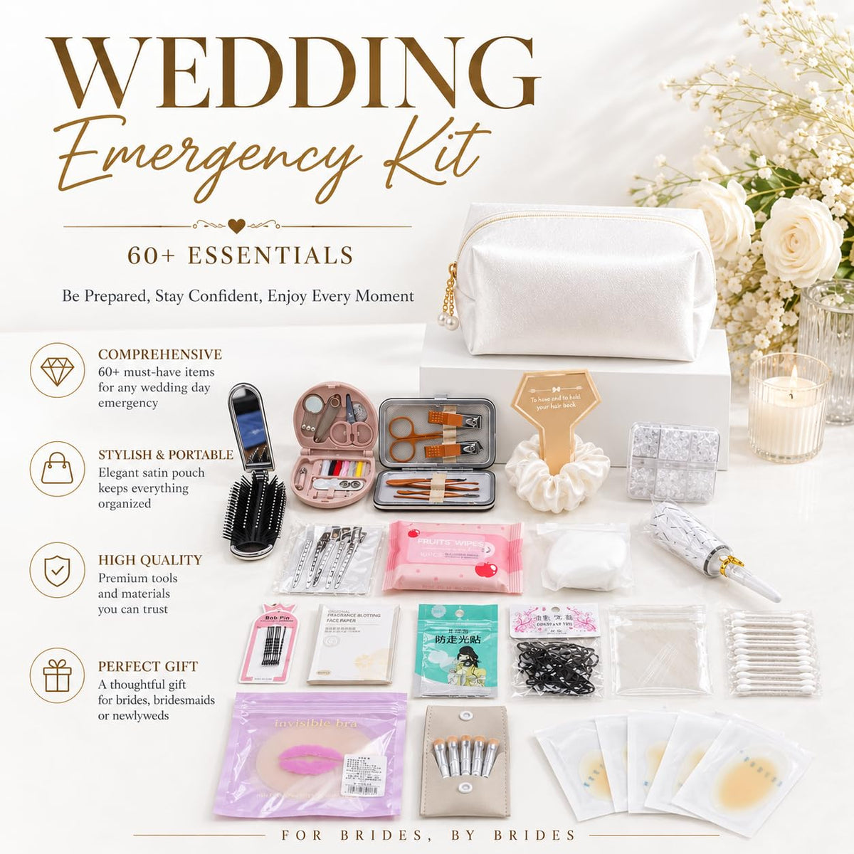 Tindisonka Wedding Emergency Kit | 60+ Essentials | Bridal Must-Haves – packaging and label