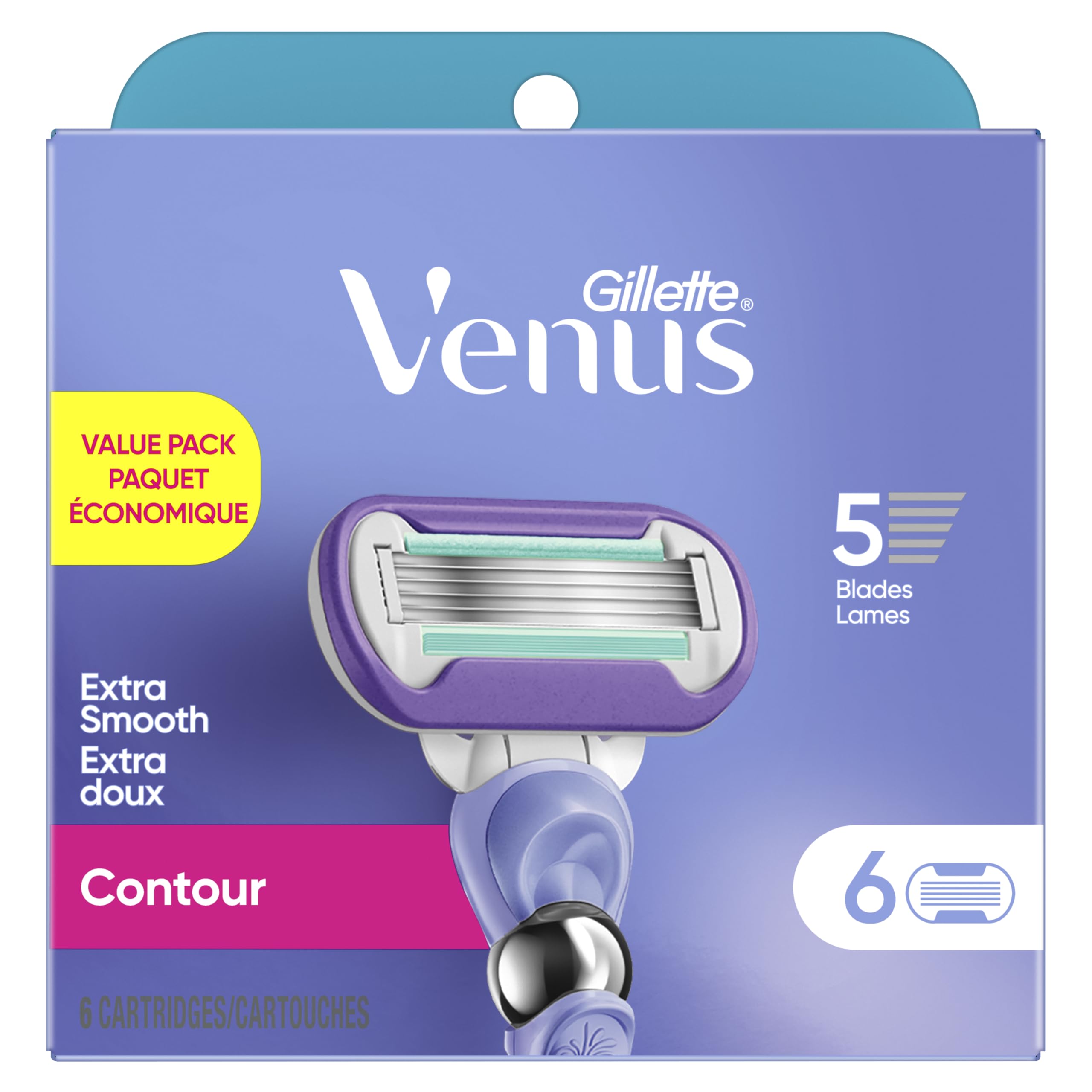 Gillette Venus Deluxe Smooth Swirl Razor Blade Refills, 6 cartridges, featuring smooth, swirl-designed shaving blades for women.