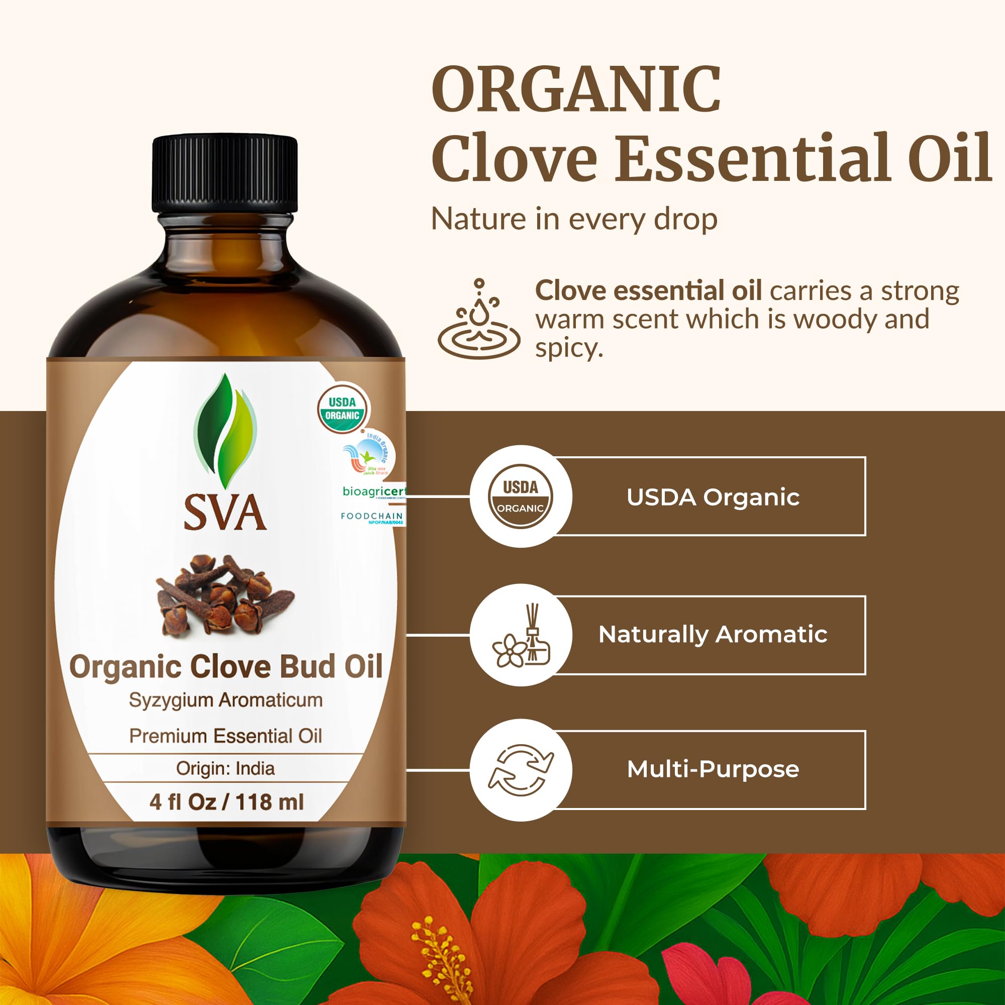 SVA Organics Organic Clove Bud Essential Oil 4oz Dropper