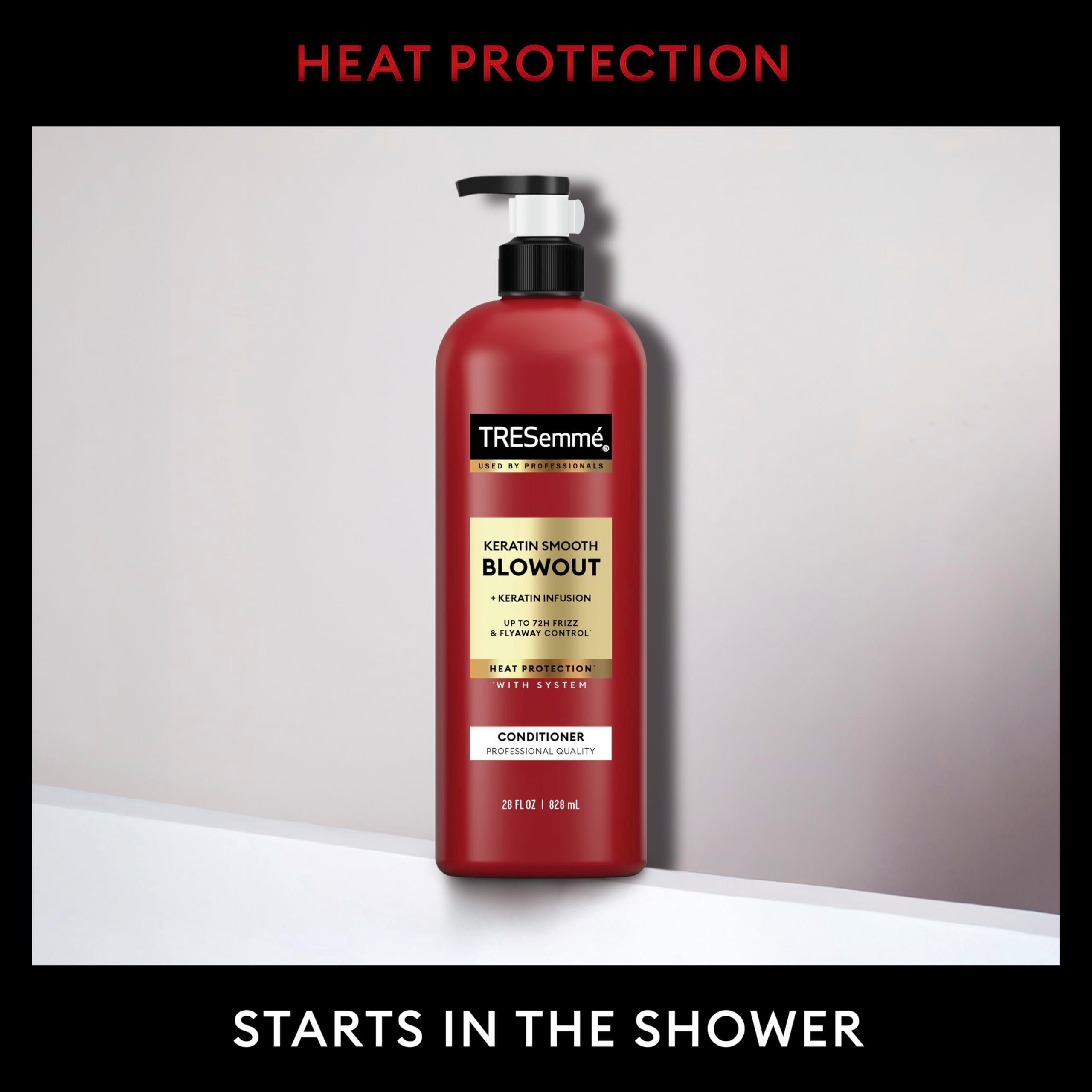 TRESemmé Keratin Smooth Conditioner 28 oz bottle, four-pack, with smooth, shiny hair in a natural setting